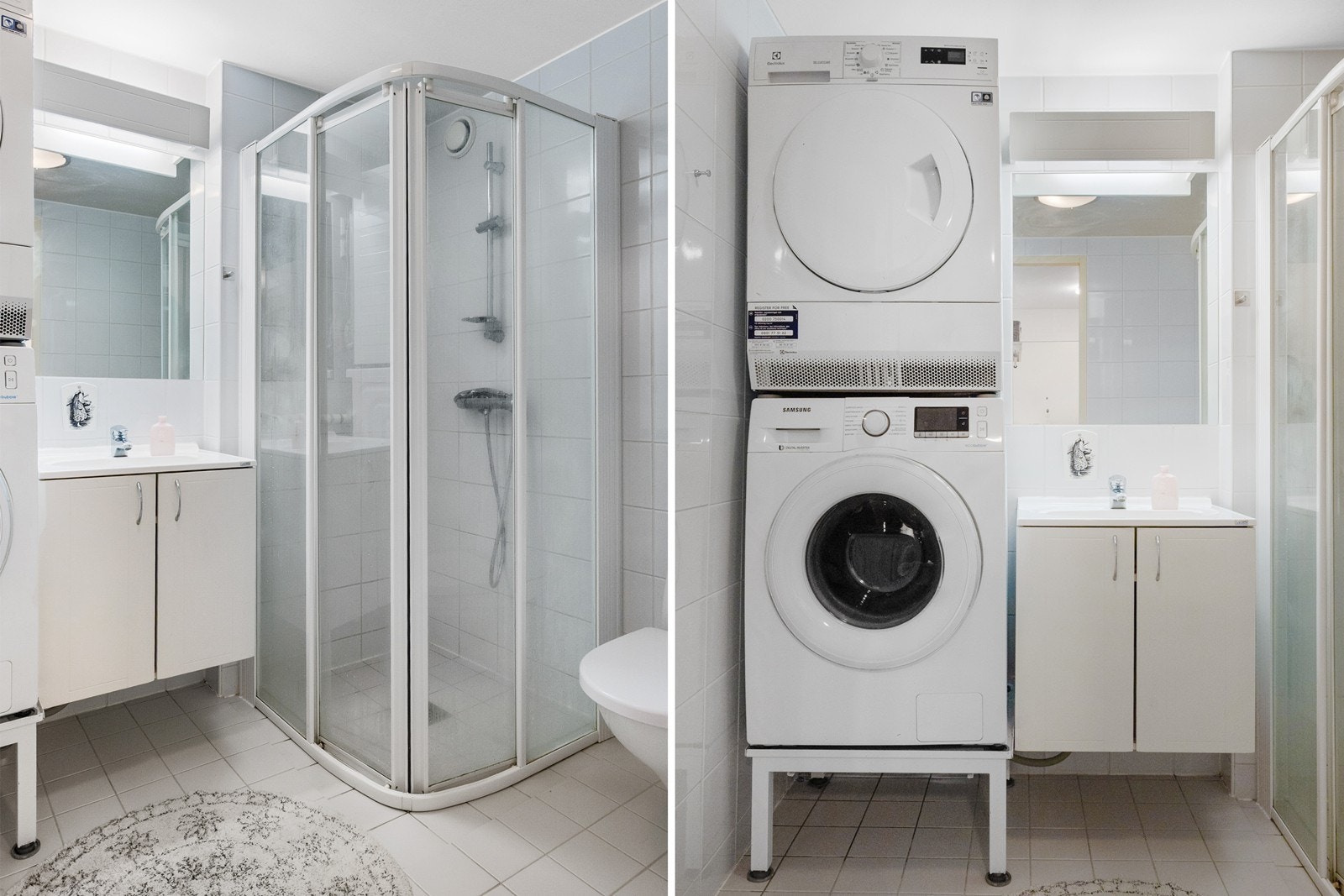 Badet har flislagte overflater og gulvvarme, innredet med servantskap, toalett, dusjhjørne og opplegg for vaskemaskin. Galleribilde