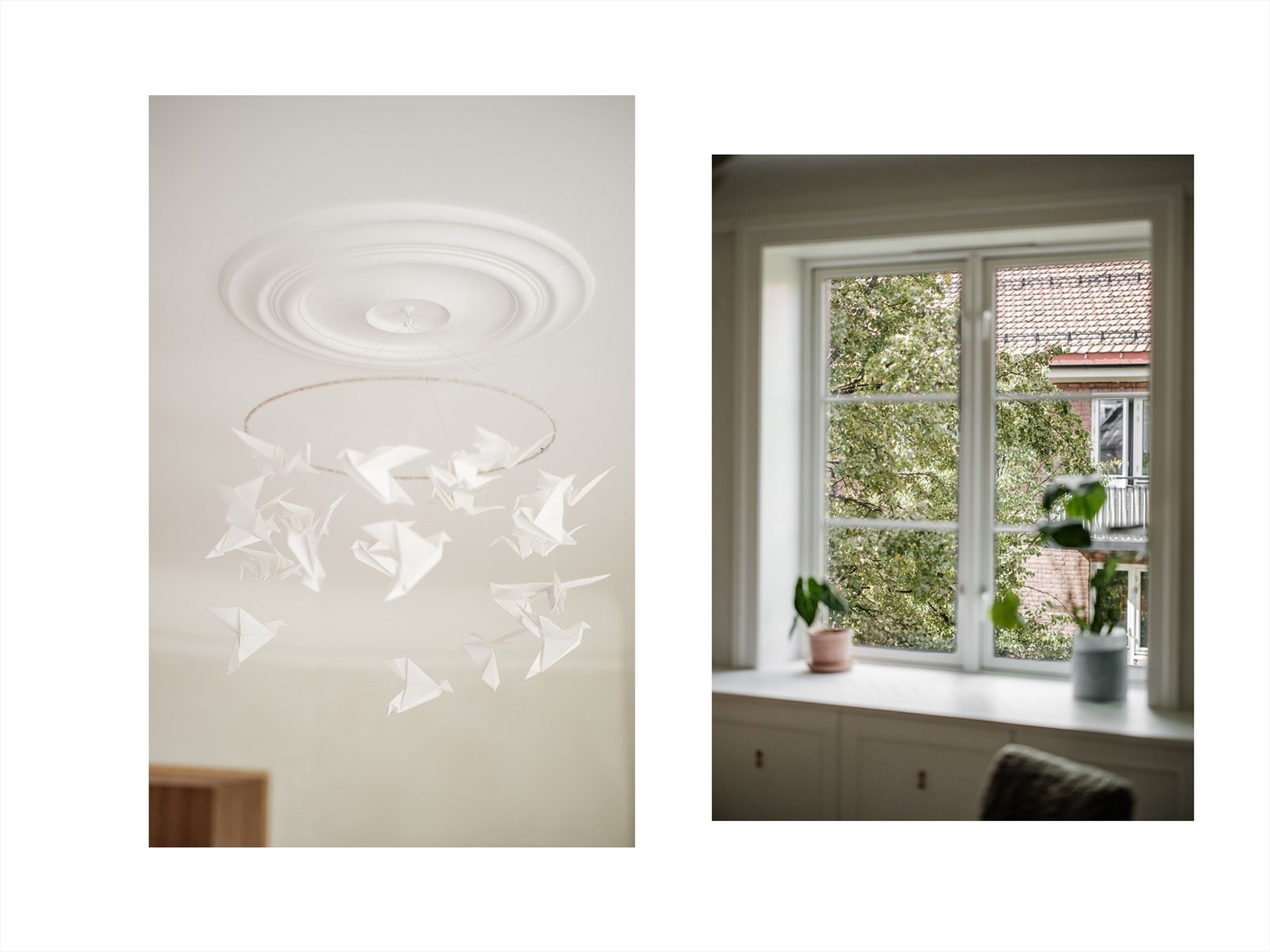 Dype vinduskarmer gir plass til planter og fine pyntegjenstander. Legg merke til detaljene i tak. Galleribilde