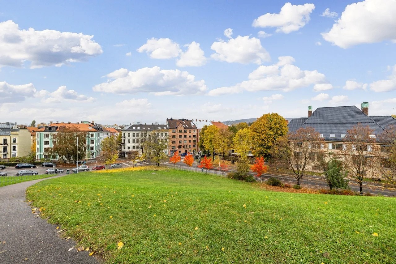 Rett ved leiligheten har man dette flotte parkområde. Her har man gode solforhold og kan nyte nydelige solnedganger. Galleribilde