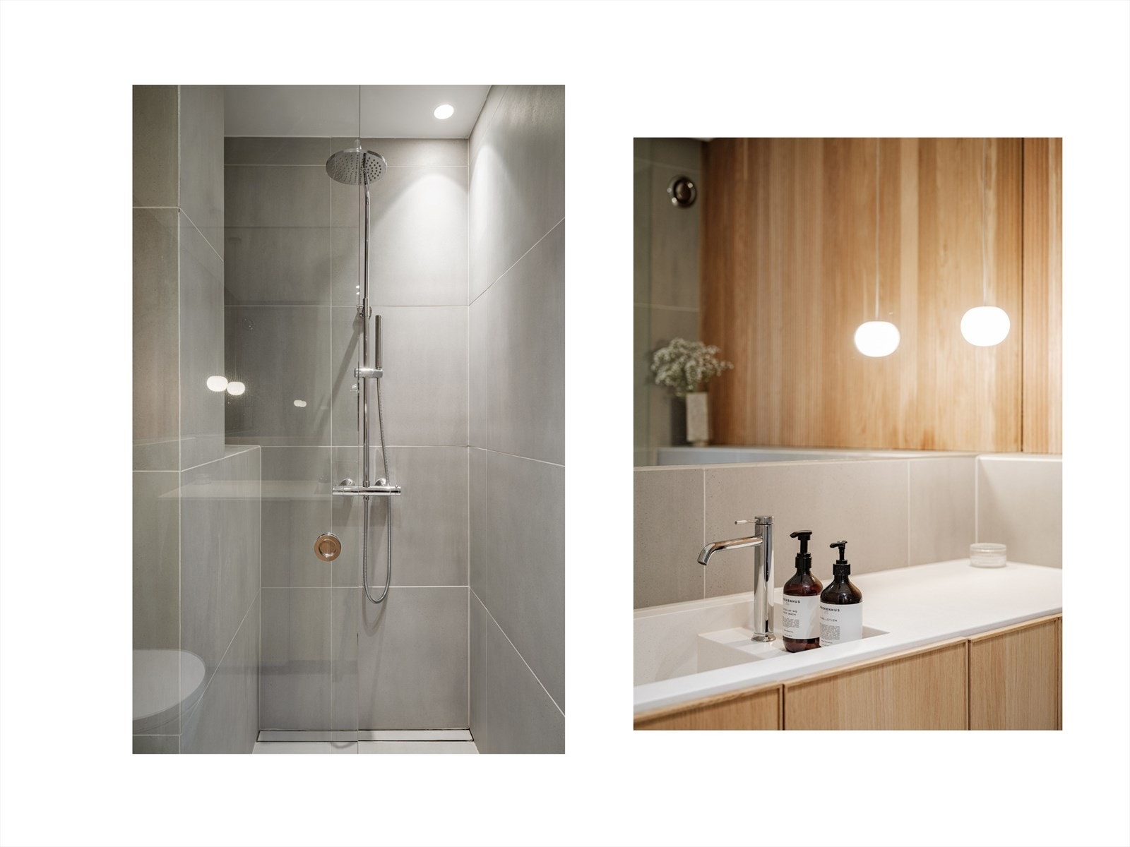 Leilighetens gjennomgående bruk av eik gir en lun følelse også på badet. Stor dusjnisje. Galleribilde
