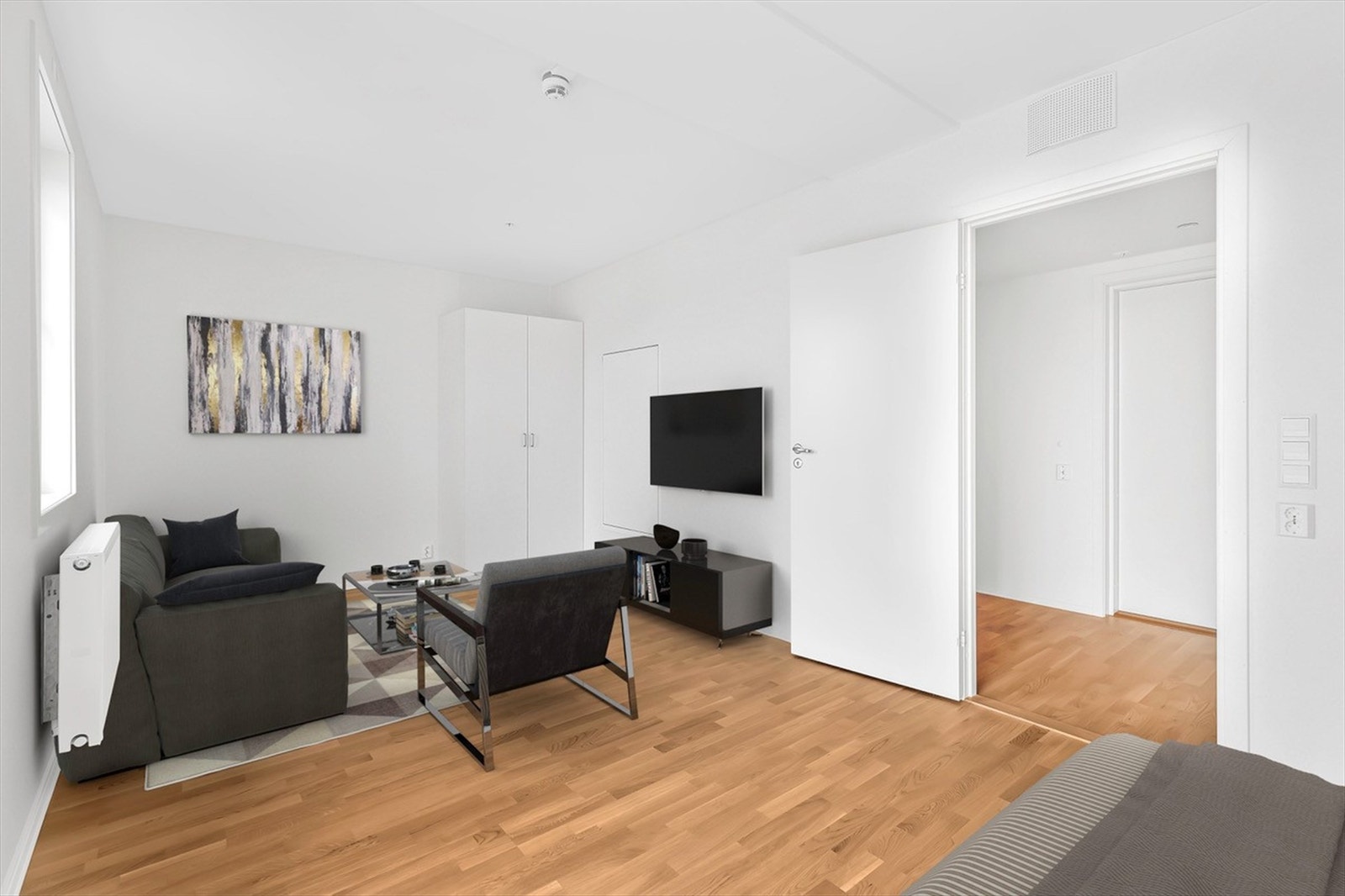 Bilde viser et digitalt møblert rom som gir et inspirerende inntrykk av hvordan boligen kan innredes. Møblene er kun ment som en veiledning og følger ikke med i leieforholdet. Galleribilde