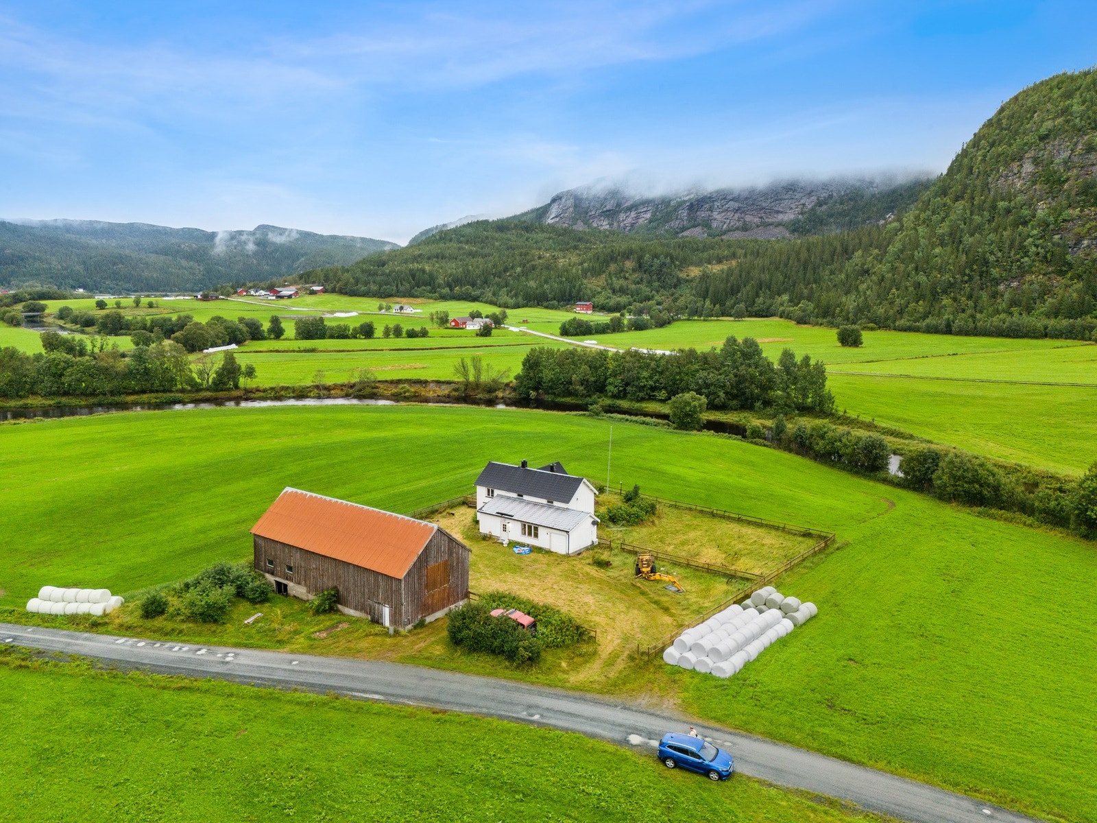Flat og inngjerdet tomt med bl.a. epletrær, rabarbara og ripsbusker Galleribilde