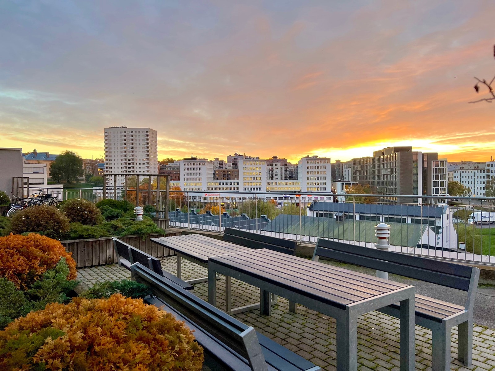 Borettslaget har en flott, felles takterrasse til glede for beboerne. Det er hyggelig beplantning og sittegrupper - for å ikke nevne en flott utsikt over nærområdet. Galleribilde