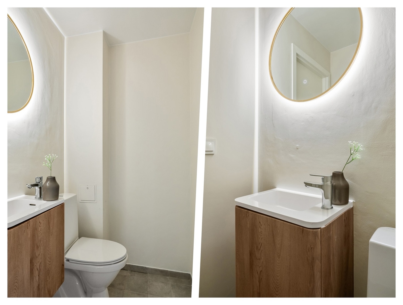 WC - Lekkert og praktisk gjestetoalett med nydelig innredning og fliser på gulv, samt speil med justerbar belysning Galleribilde