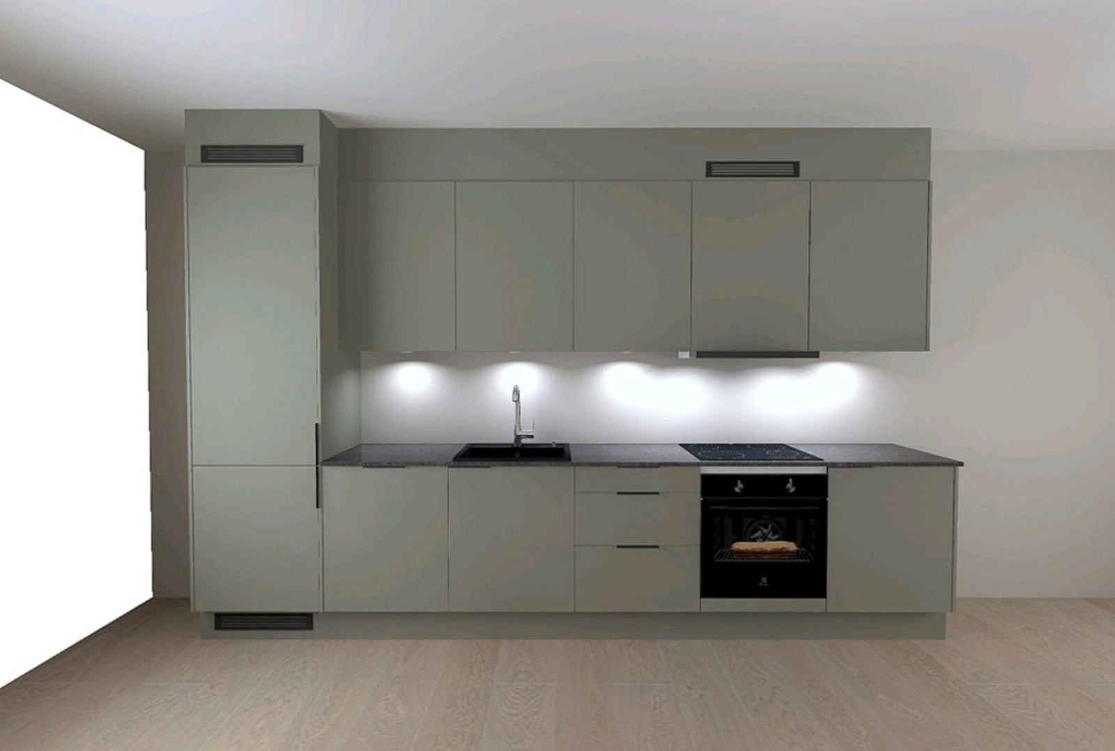 Kjøkkenet er levert av Sigdal og har takhøye skap, samt praktiske underskap og skuffer med demping. Bilde viser leveranse for denne leiligheten. Galleribilde