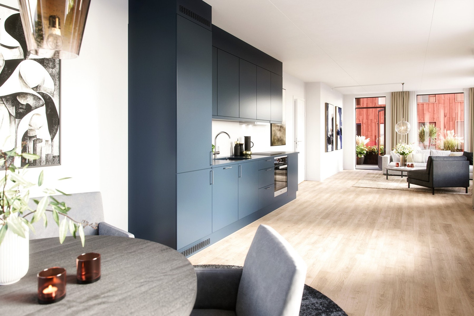 Innredningen i den moderne grønnfargen Furu er elegant kombinert med sort laminat benkeplate. Bilde er ikke av selve leiligheten, kun ment som illustrasjon. Galleribilde