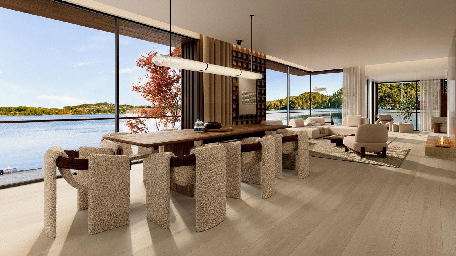 - Illustrasjon over hvordan man kan innrede boligen. Her med takhøye vinduer og nydelig utsikt over egen tomt og sjø - Galleribilde