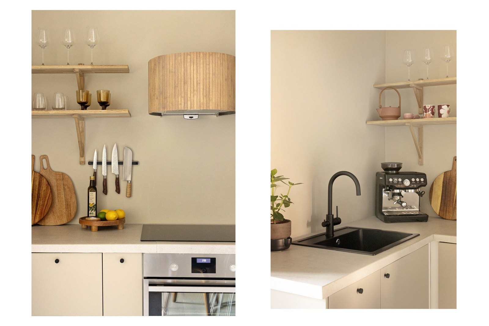 Kjøkkenet er fra 2023 og gir et delikat uttrykk, med vifte i tredetaljer som skaper en lun atmosfære sammen med de mattbeige frontene. Galleribilde