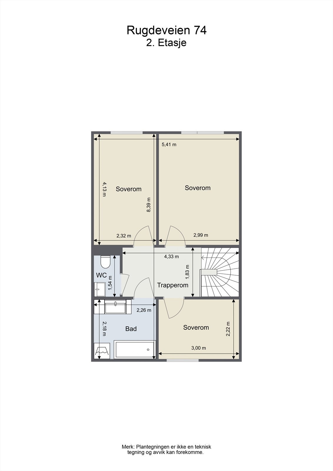 Andre etasje består av tre soverom, bad, separat toalettrom og trapperom. Galleribilde