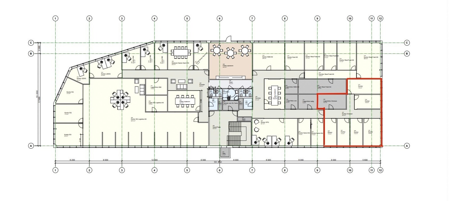 Kontorareal for leie markert i rødt Galleribilde