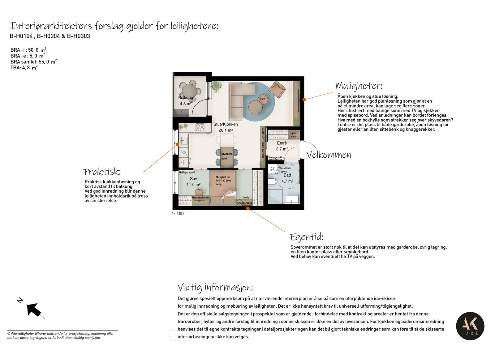 Interiørarkitekt har tegnet møbleringsforslag til leiligheten. Hvordan ville du bodd i leiligheten? Galleribilde