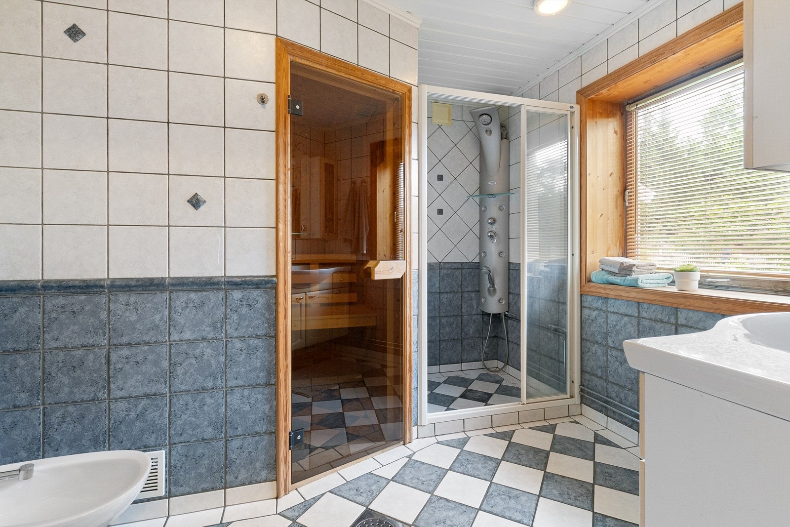 Boligen har egen dusjnisje med skyvedør, og det er umiddelbar tilgang til badstue. Galleribilde