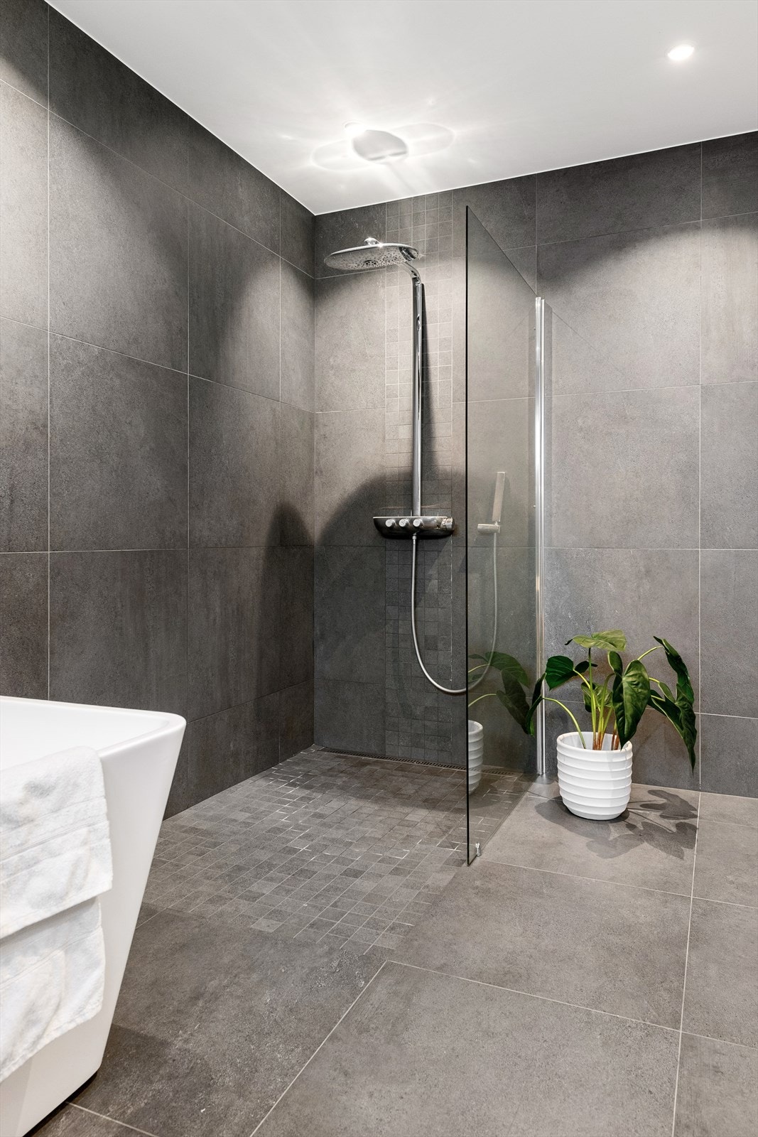 Dusjnisje med glassvegg og vegghengt dusjarmatur med regndusj og hånddusj Galleribilde