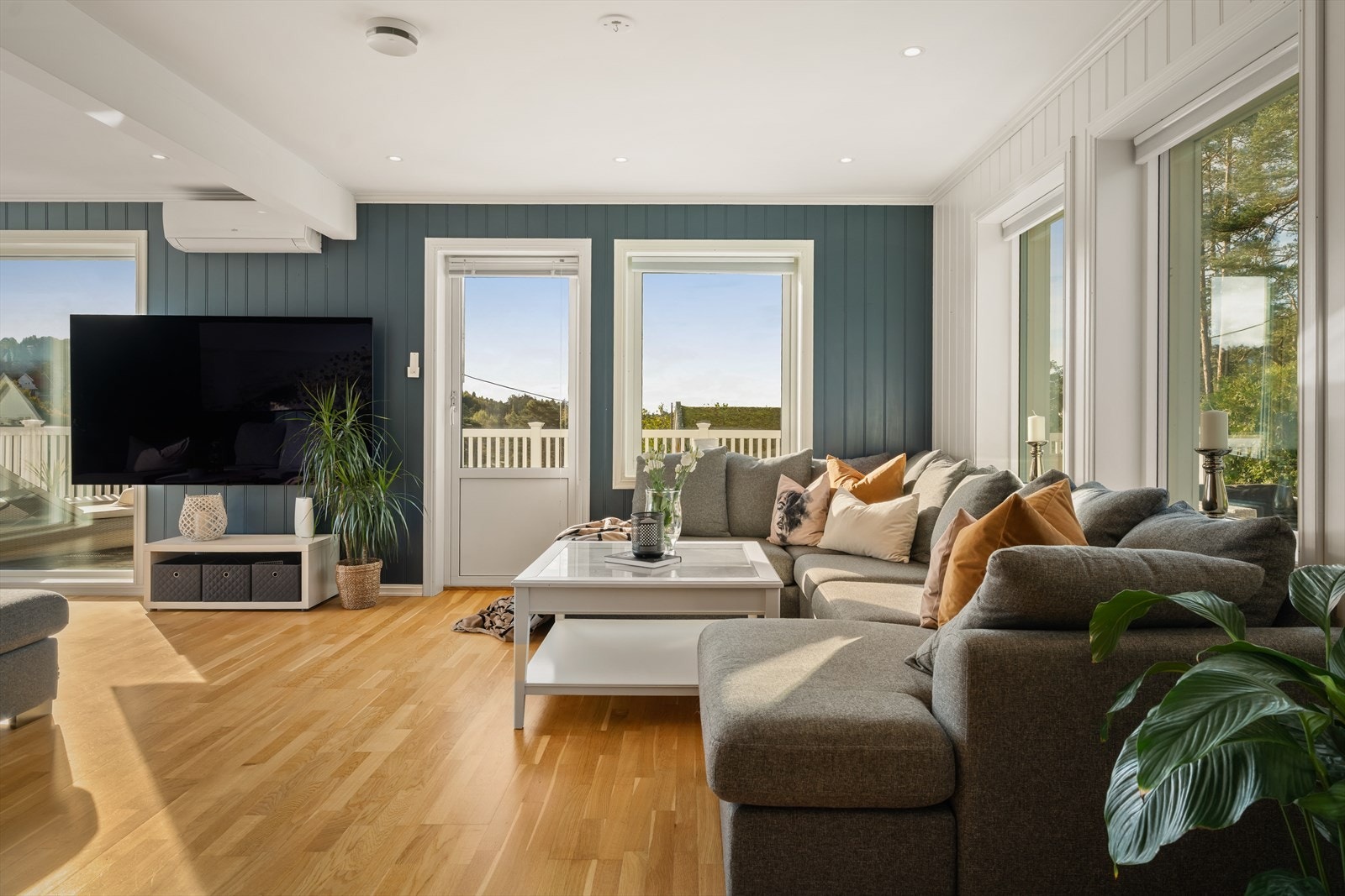 I stuen er det god plass til en større sofaseksjon, bord og tv-benk. Galleribilde