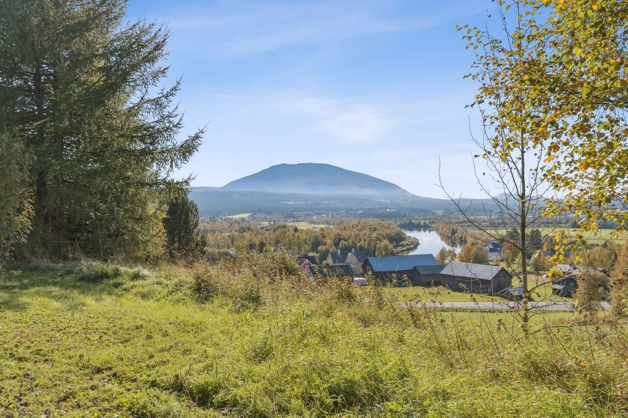Bra tomta ser en rett ned på Neby, Glomma og med Tron ruvende i bakgrunn. Galleribilde
