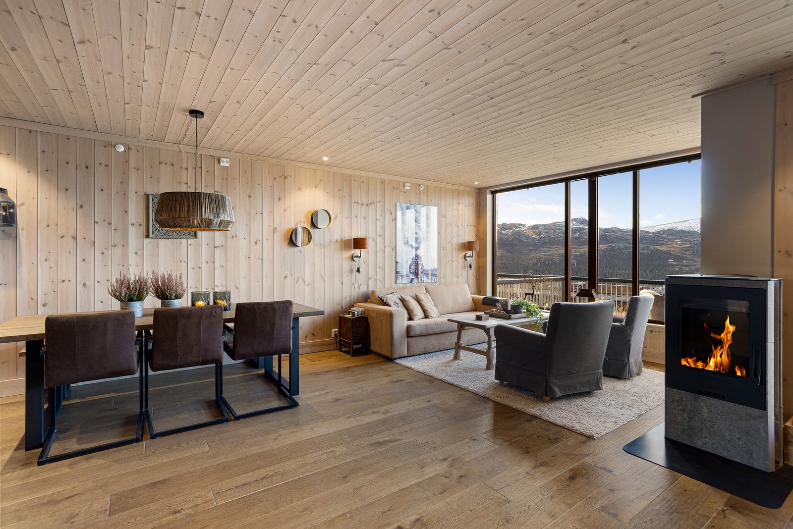 Sentralt i rommet står en flott vedovn med kleberstein som varmer godt på kalde dager. Galleribilde