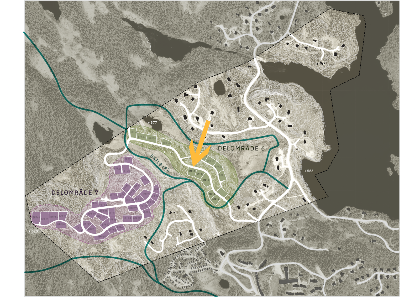 Tomtefeltet med delområde 6 og 7. Tomt markert Galleribilde