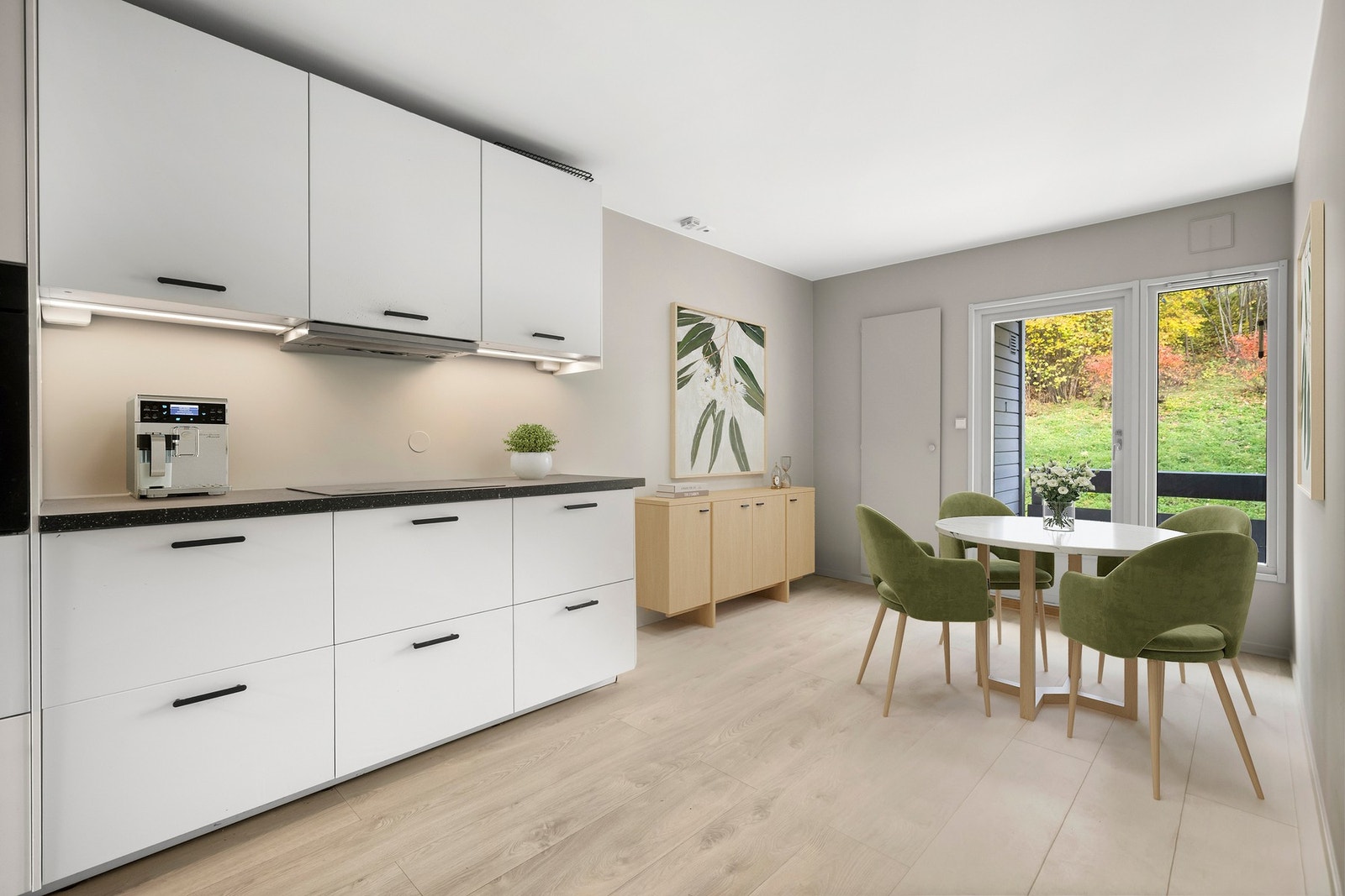 Kjøkken med utgang til balkong med morgensol. Data animert bilde. Galleribilde