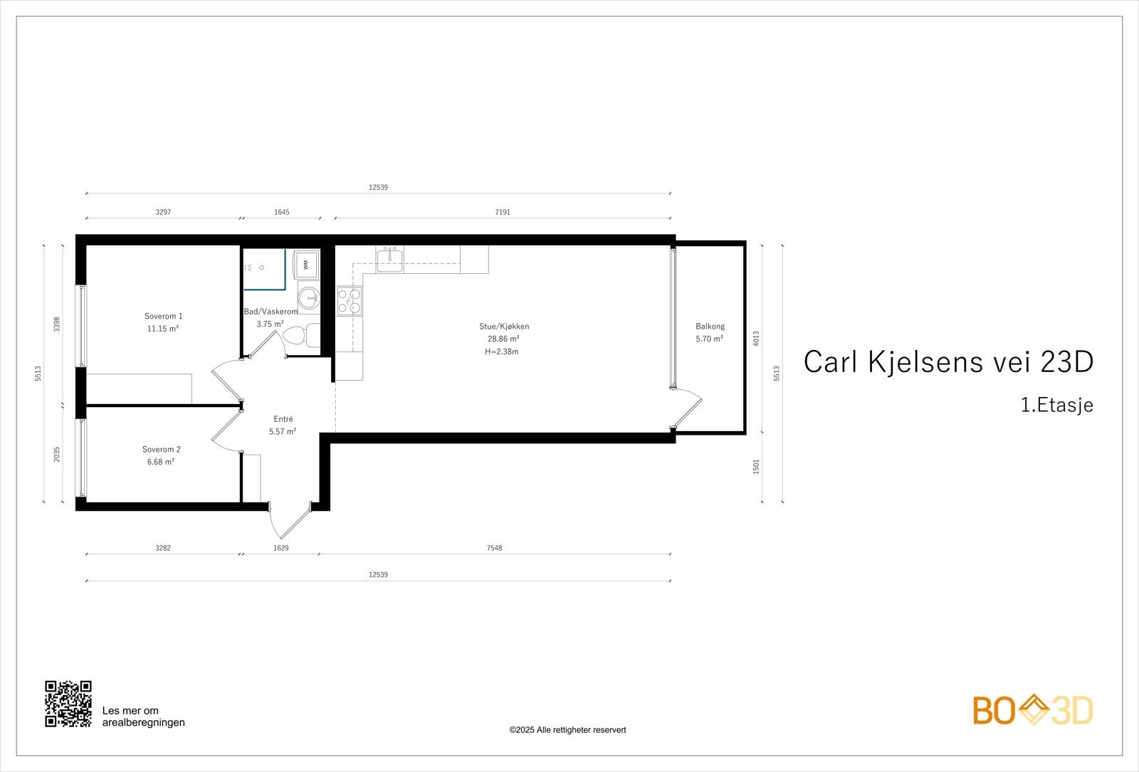 Planskisse. Boligen har effektiv og god planløsning i 3.etg med heisadkomst direkte til leilighetsplan. Felles inngangsrom gir ekstra oppbevaringsplass. Entré, kjøkken/stue, 2 soverom, bad. Galleribilde