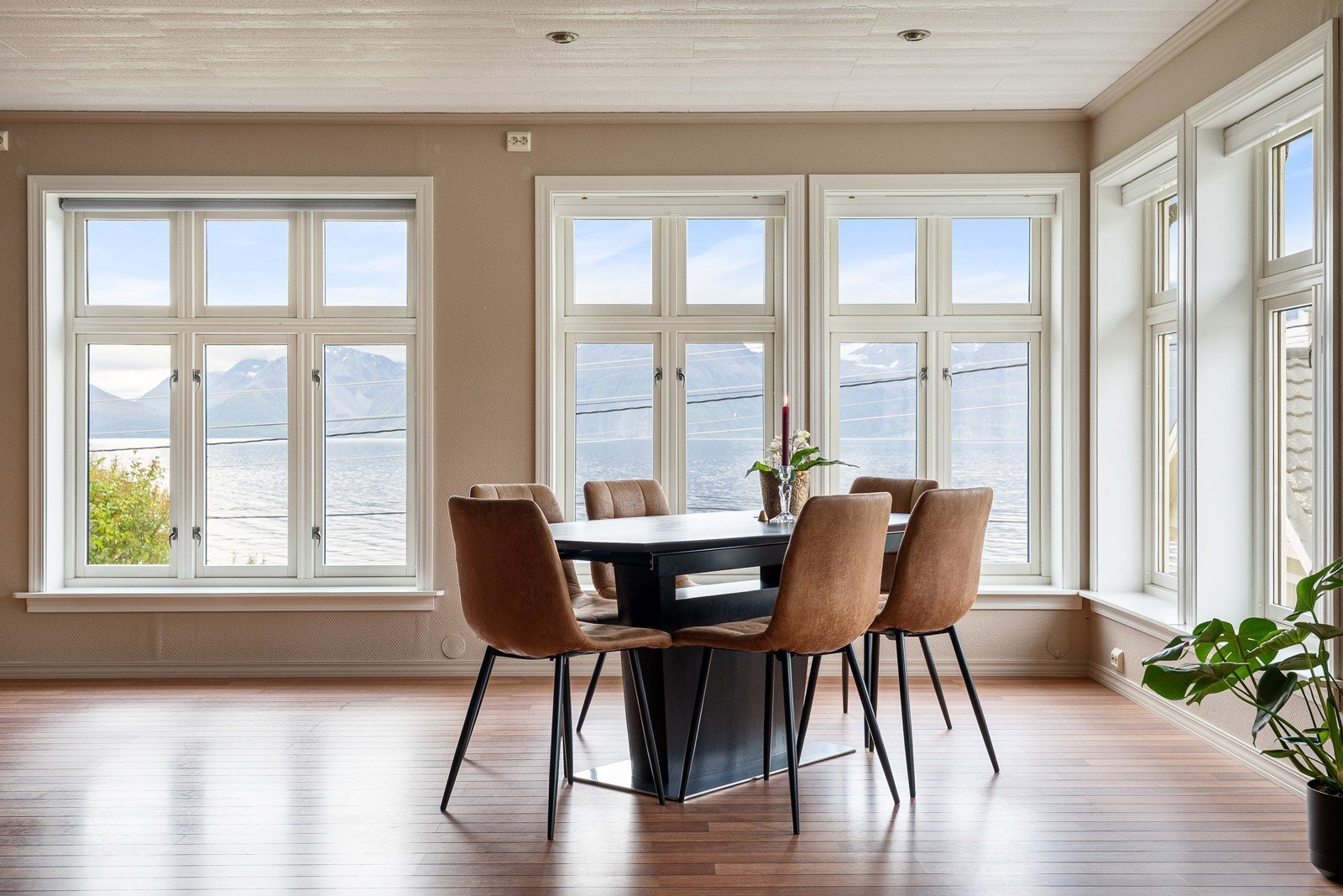 Stuen er romslig med flere innredningsmuligheter. God plass til stor spisestue.