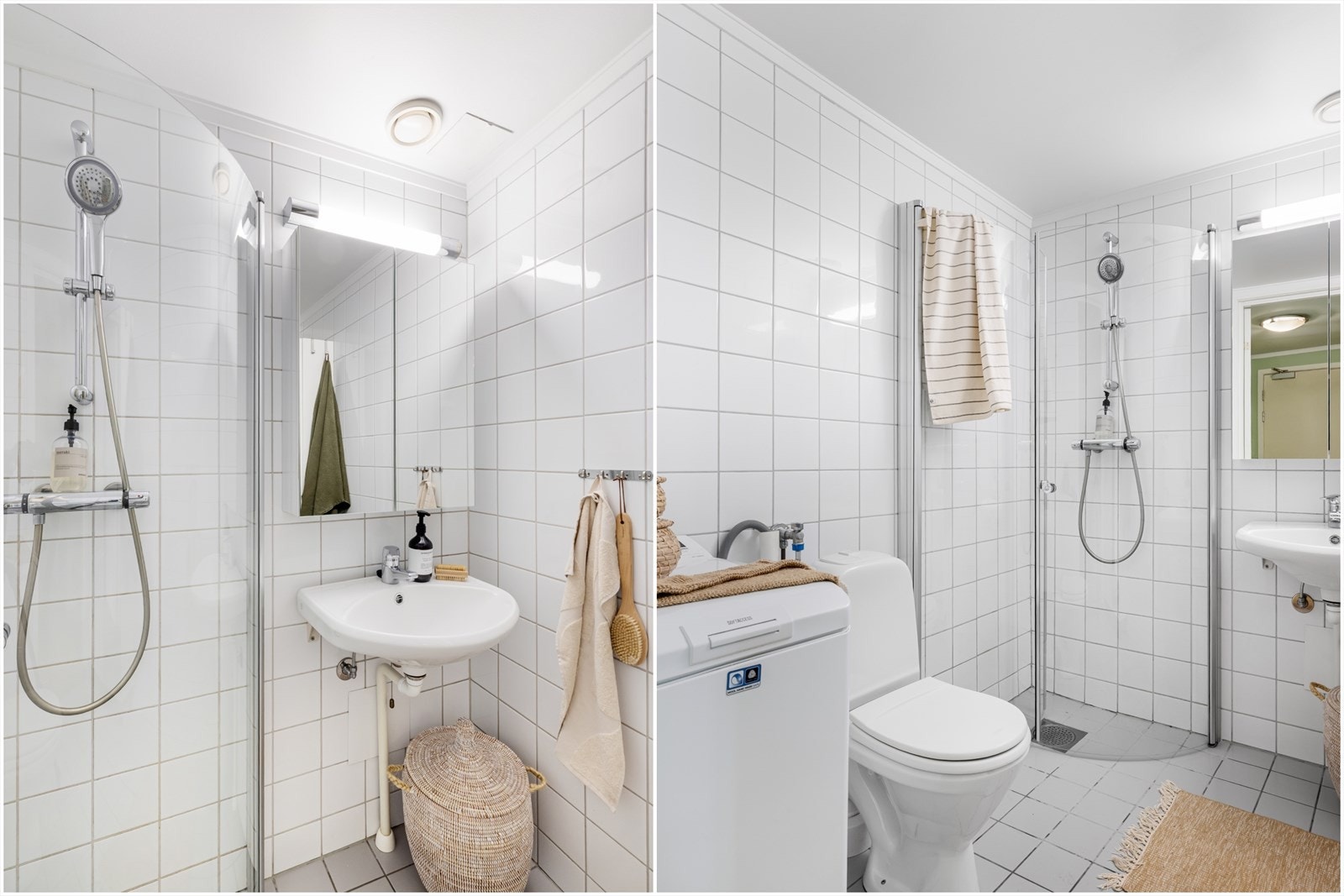 På badet har du god dusjsone, oppegg for vaskemaskin, varmekabler i gulv og fine overskap med plass til oppbevaring. Galleribilde