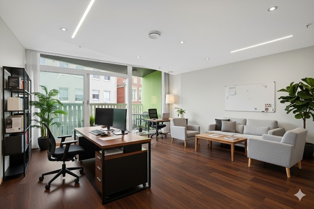 KI-generert illustrasjon som viser hvordan lokalet kan innredes og tilpasses den enkelte bedrift. Galleribilde