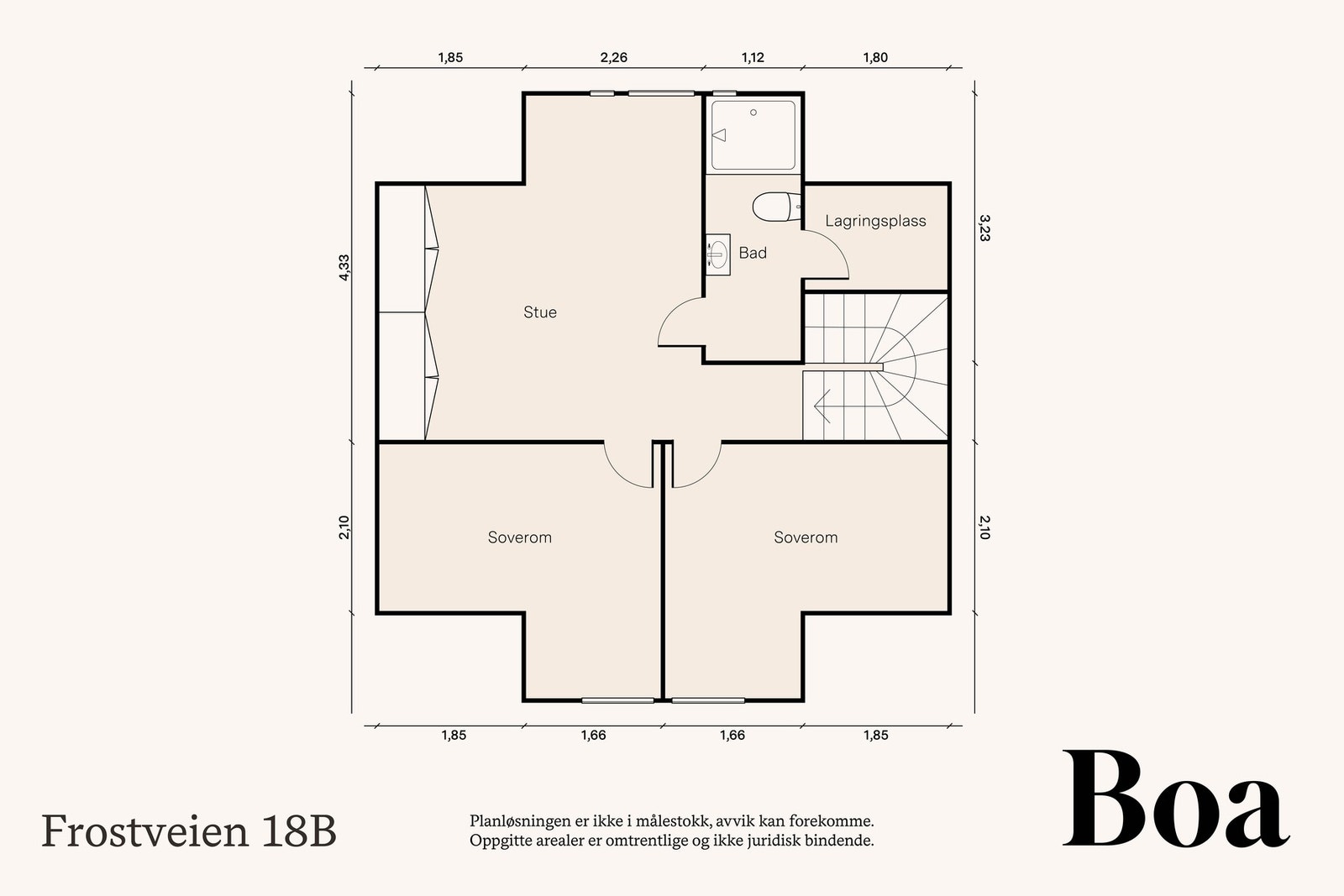2. etasje/loft: Stue m/trapp, bad og 2 soverom. Romhøyde opp til 2,44 m. Galleribilde