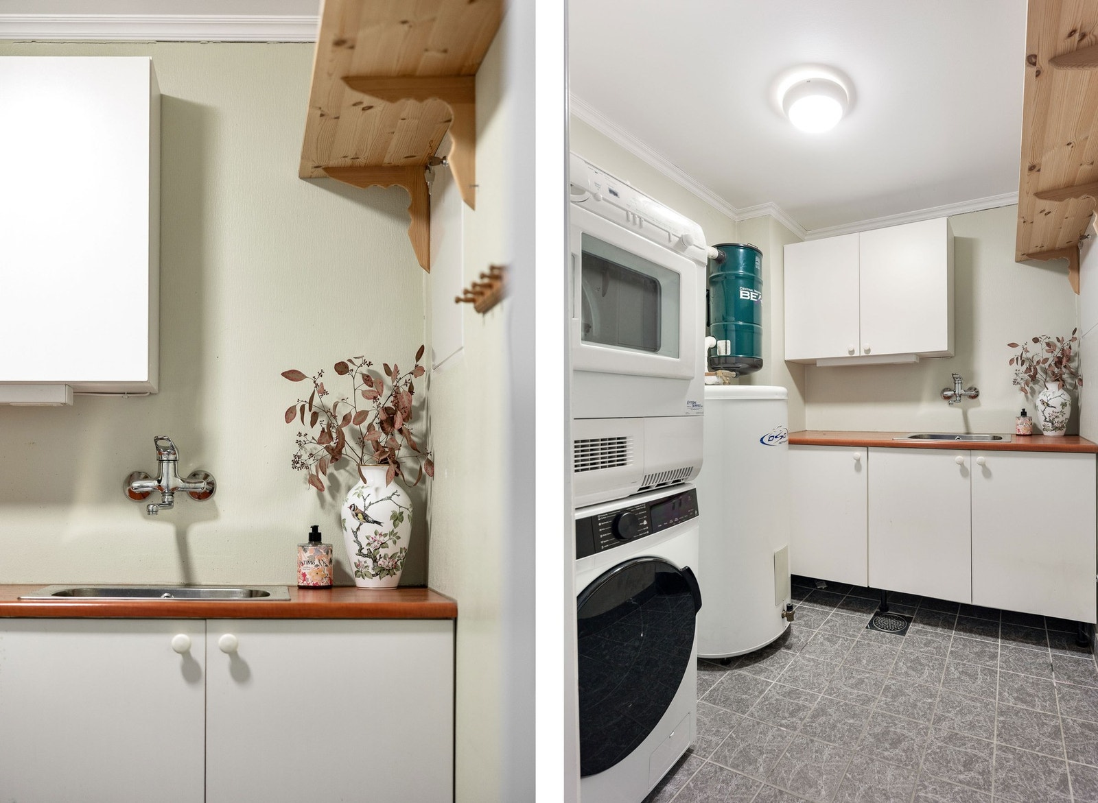 Praktisk vaskerom med opplegg for vaskemaskin og tørketrommel. Galleribilde