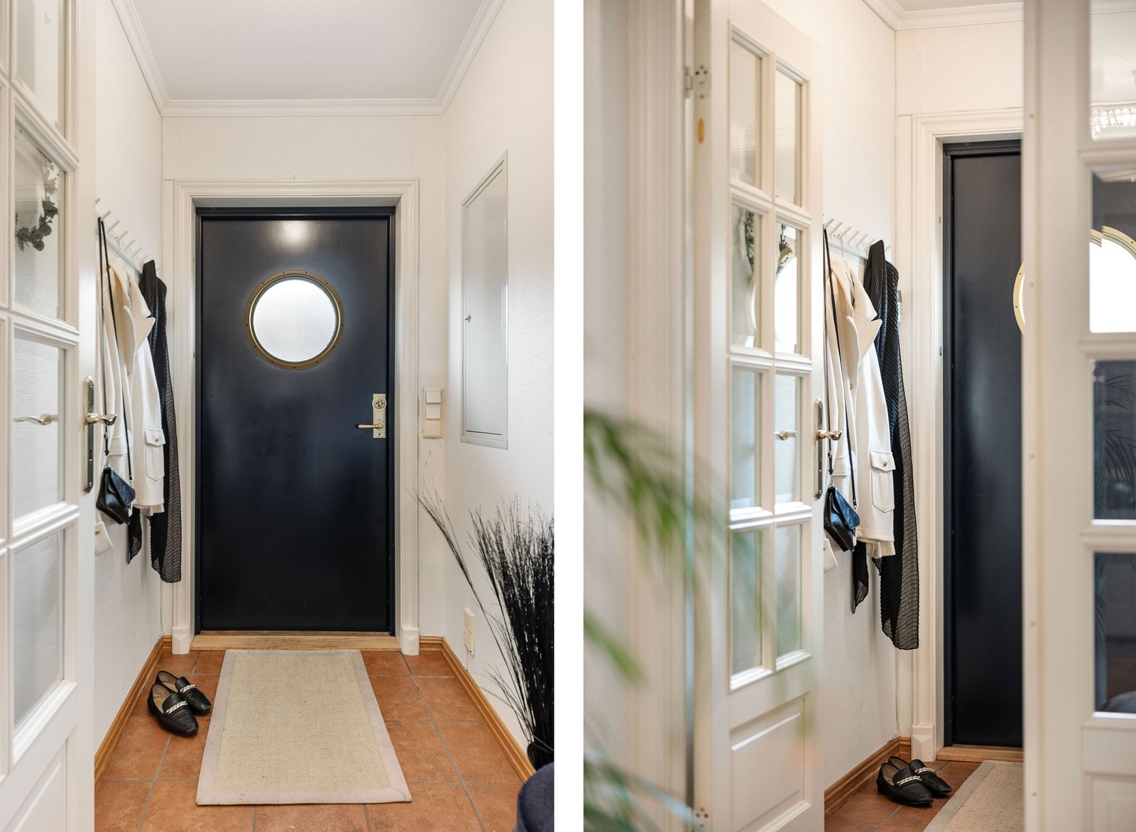 Entréen har praktisk, flislagt gulv og lyse vegger. Velkommen inn! Galleribilde