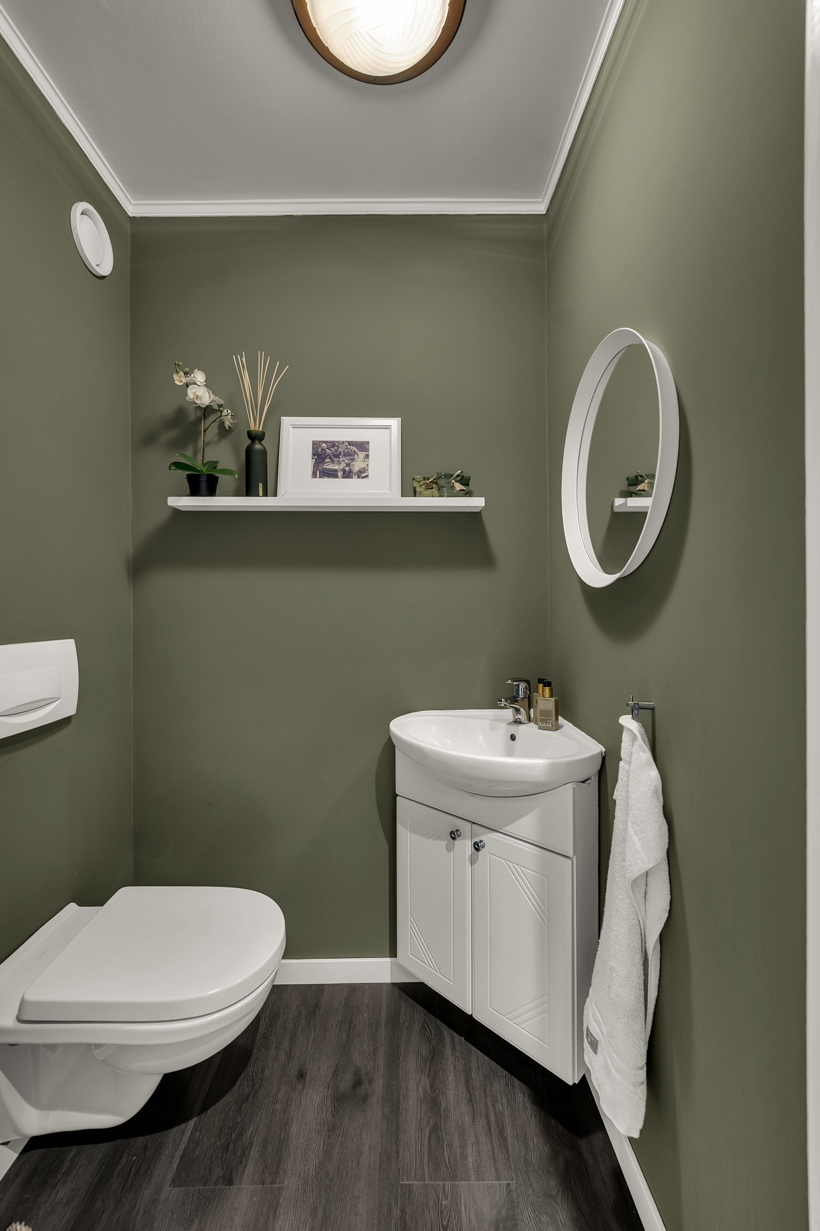 Gjestetoalettet har inngang fra hallen og er utført med mørkt laminatgulv, glatte, grønnmalte vegger, veggmontert toalett, en pen, hvit servantinnredning, hylle og speil. Galleribilde