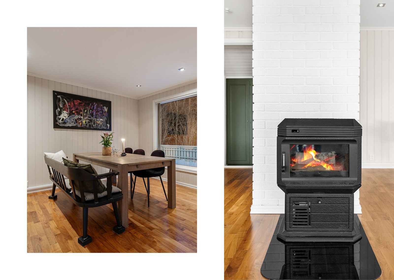 Det er vedovn i stuen i 1.etg og i gangen i u.etg, samt varmepumpe av nyere dato. Galleribilde