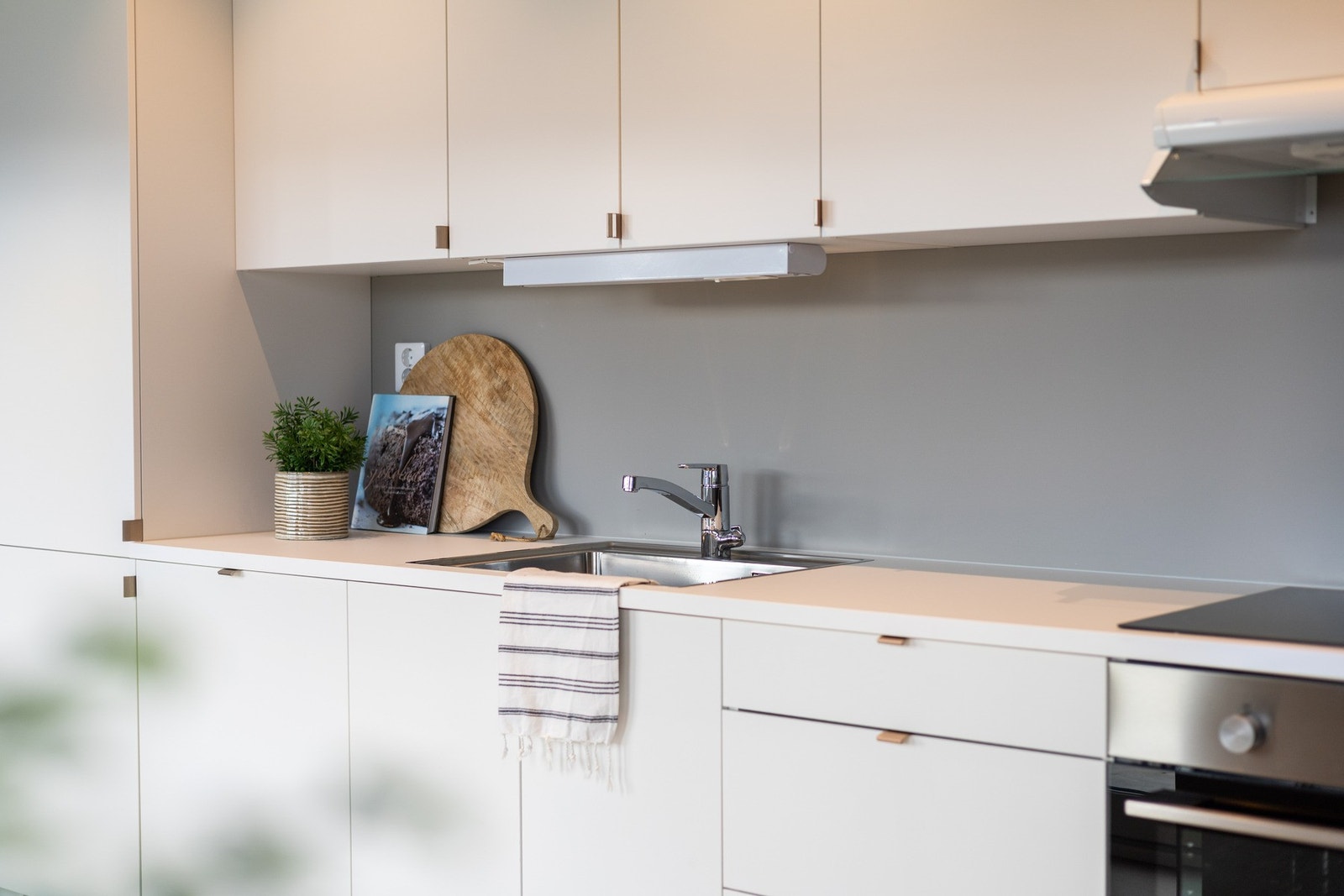 Integrerte hvitevarer som platetopp, komfyr, oppvaskmaskin og kjøleskap. Galleribilde