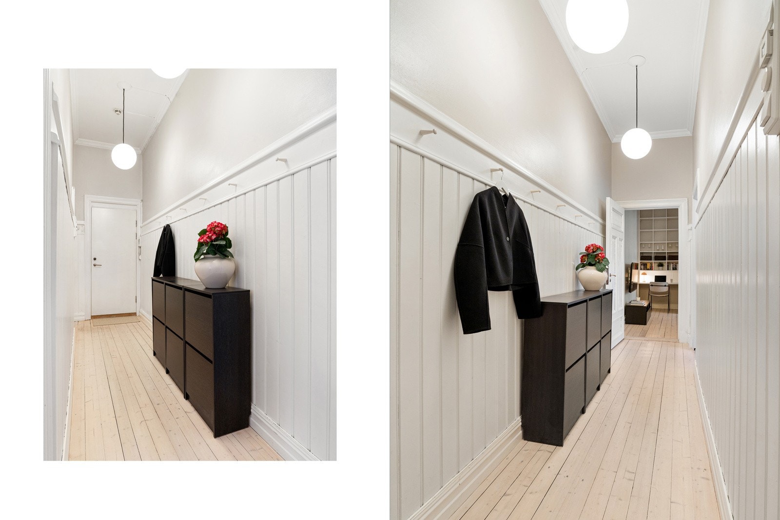 Innbydende entré med plass til oppbevaring av yttertøy og sko. Den klassiske takhøyden gir en luftig og åpen romfølelse allerede når du trer inn, som gir et godt førsteinntrykk. Galleribilde