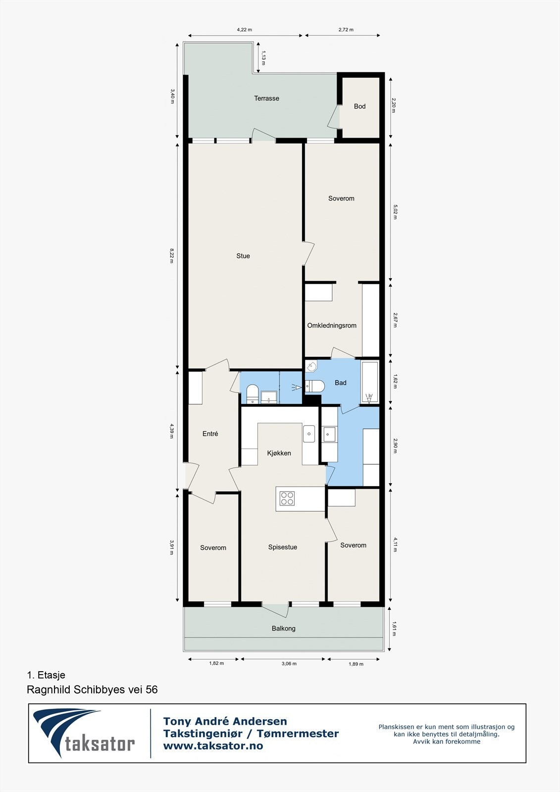 Plantegning fra takstmann. Det medfølger også ekstern bod på samme plan målt til ca. 2 m². Galleribilde