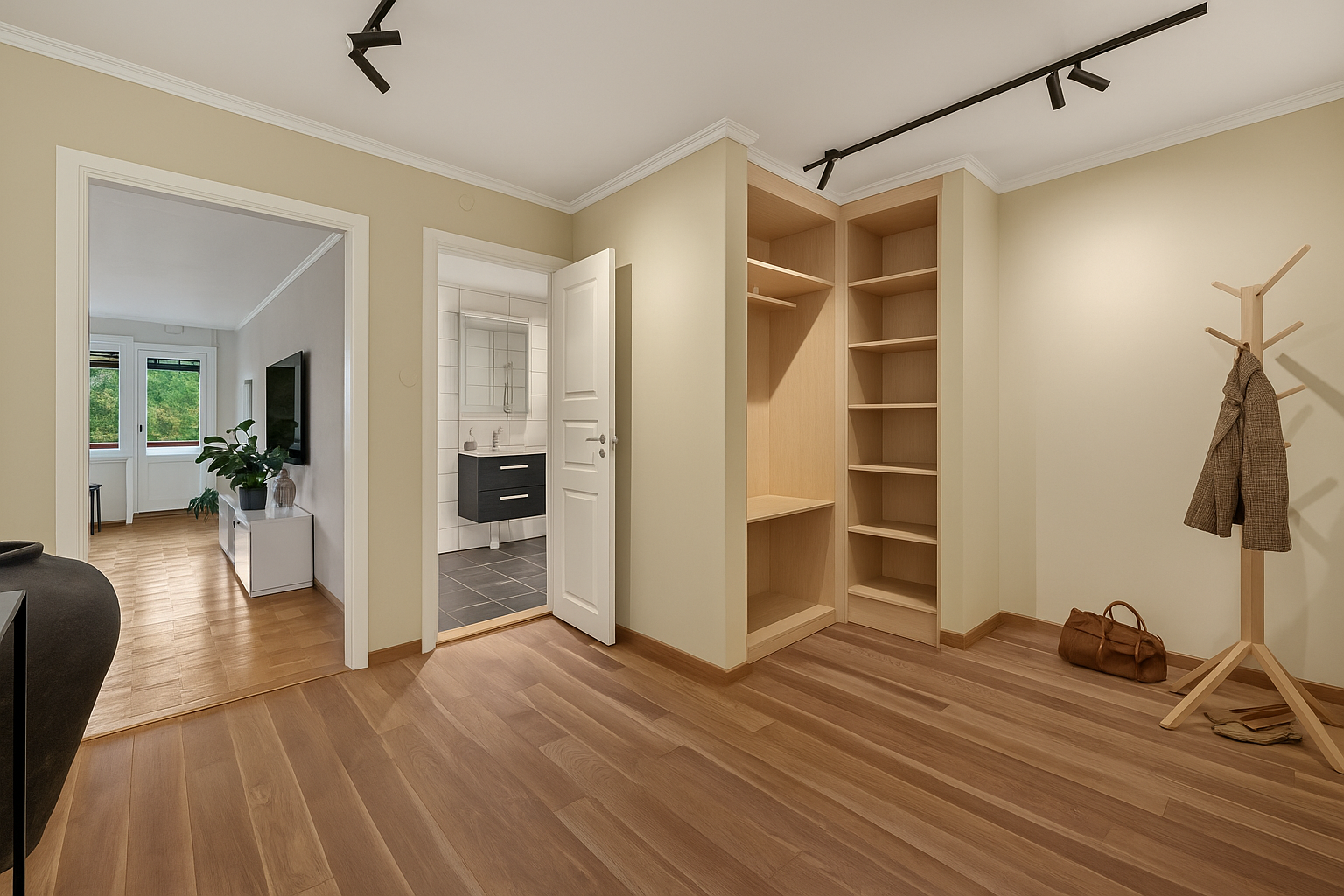 Det er satt inn garderobeskap i etterkant av fotografering. (illustrasjon)
Nå er det innredet med garderobe og kontorløsning. Galleribilde