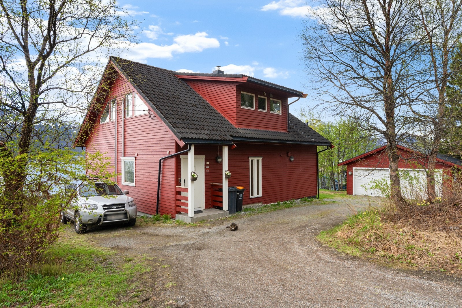 Romslig innkjørsel med plass til flere biler. Boligen er utført med utvendige brannstiger. Galleribilde
