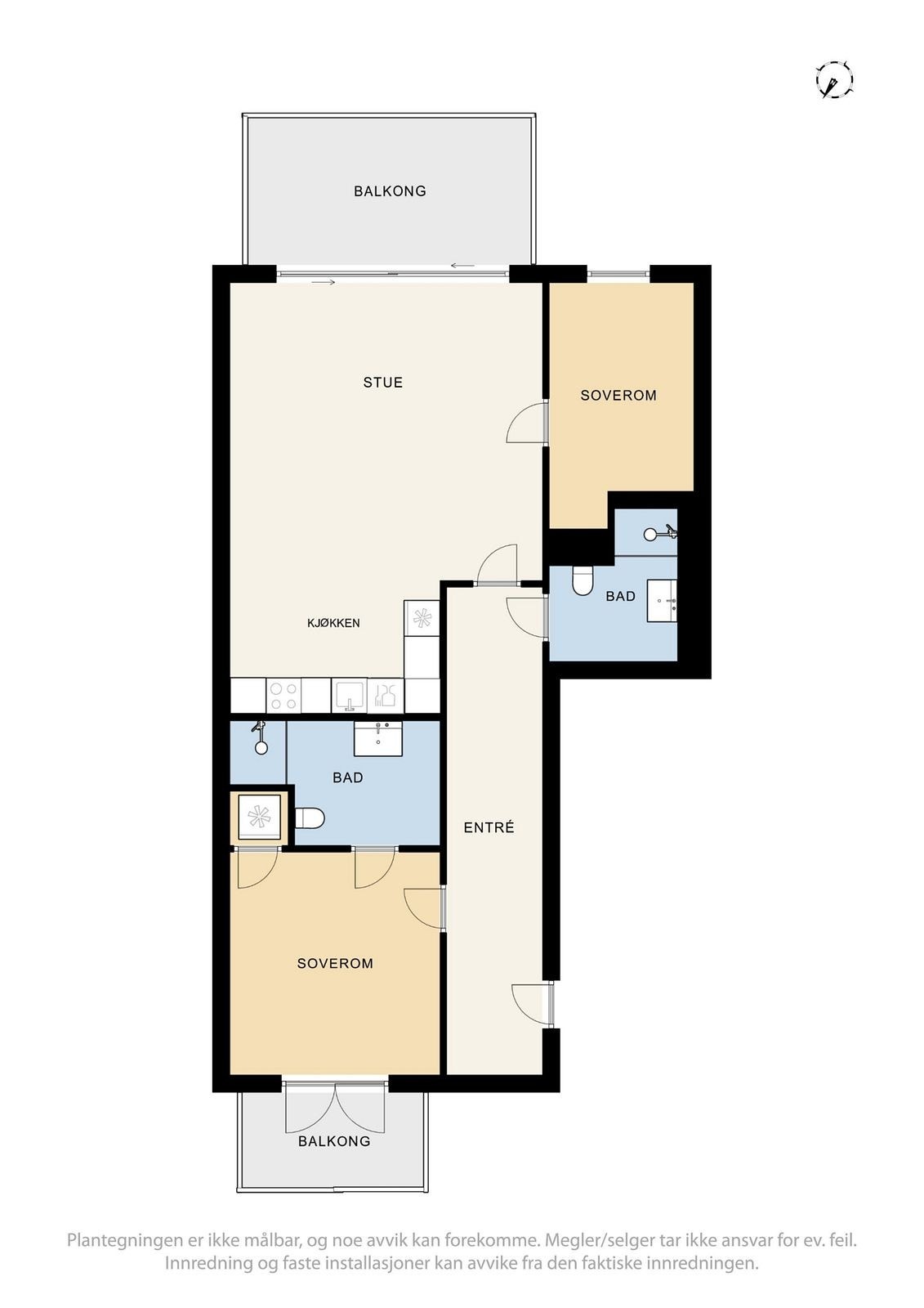 Plantegning: Opplev denne gjennomgående leiligheten med to soverom, to bad, luftig gang og generøs åpen kjøkken- og stueløsning. Nyt to balkonger, en i hver ende av leiligheten, perfekt for både morgen- og kveldssol. Galleribilde