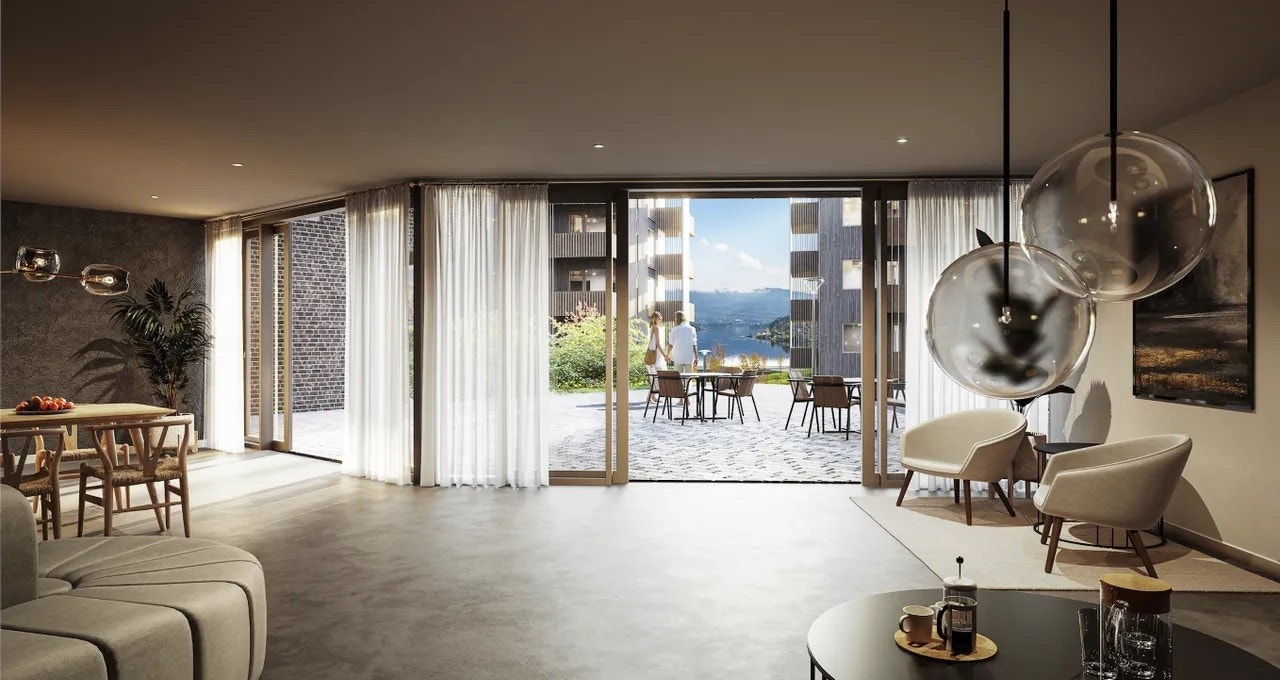 ... Samt en koselig, selvbetjent felles nabolagskafé med fjordutsikt, perfekt for sosiale sammenkomster. Her kan du også booke til privat bruk. Galleribilde