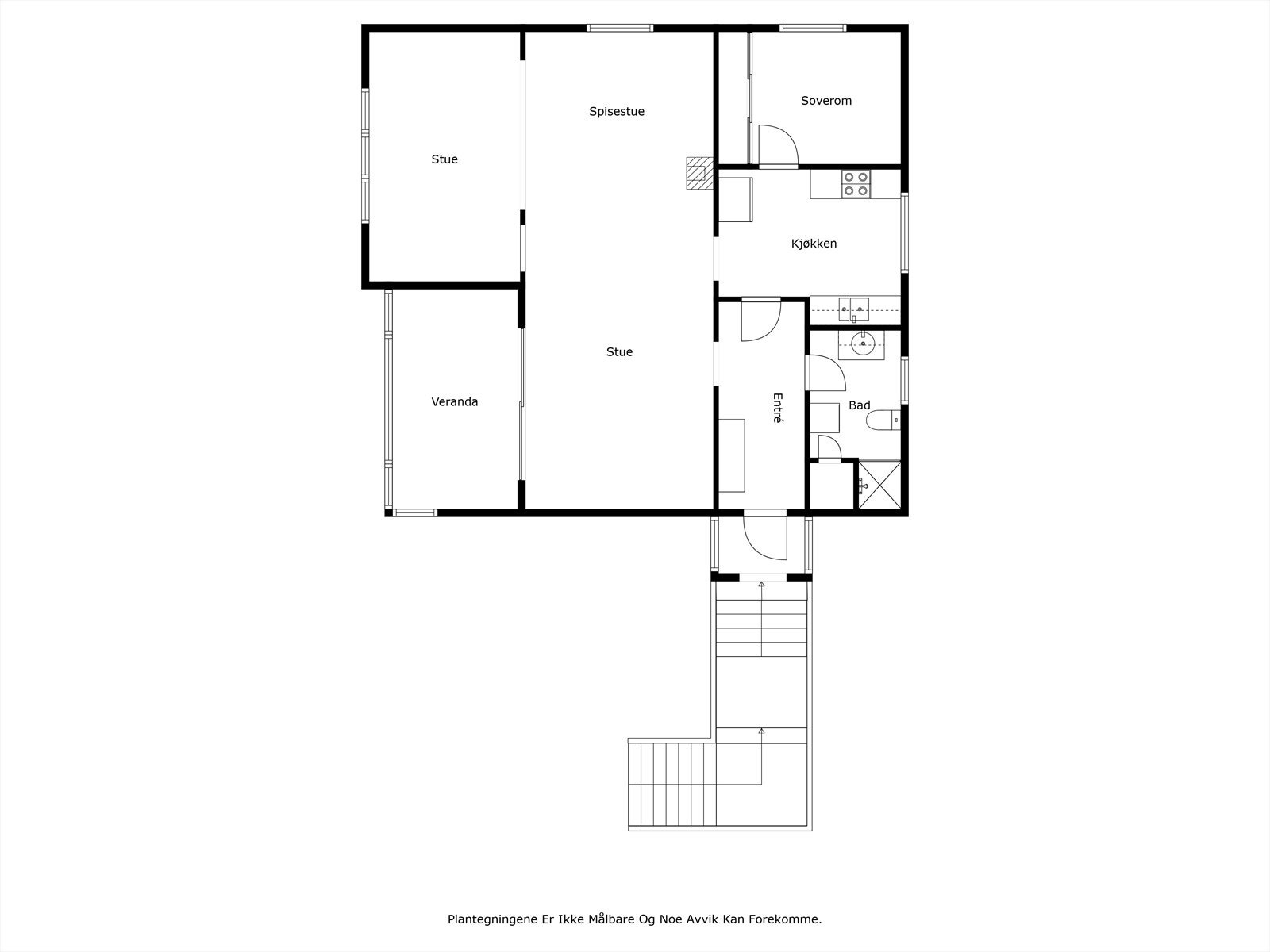 Skissert plantegning av hovedetasjen.
Ifølge de byggemeldte tegningene var det opprinnelig tegnet et soverom nr.2 i stuen. Senere har stuen blitt utvidet. Galleribilde