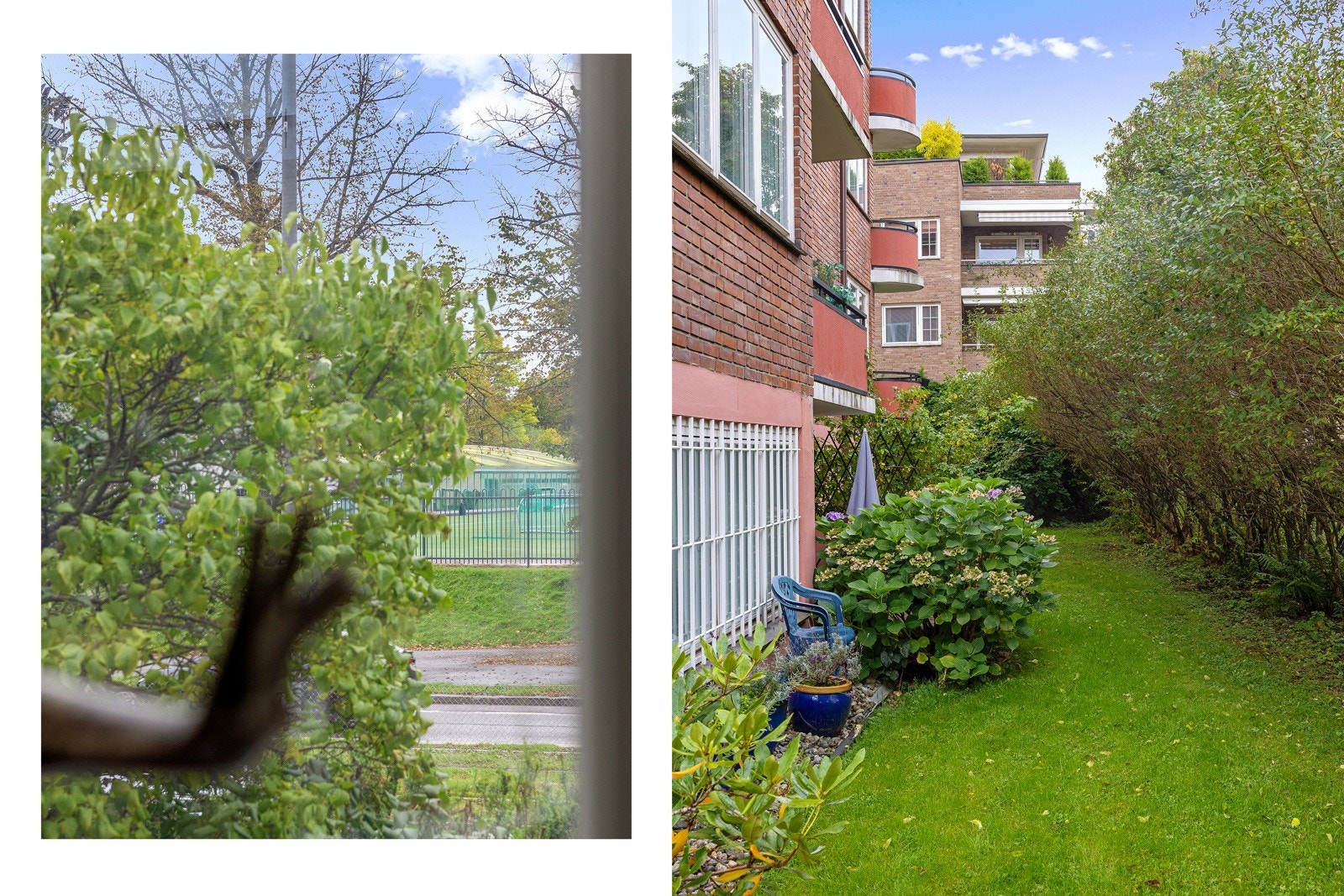 Utsikten fra oppholdsrommet strekker seg utover idrettsbanen og grønne fellesarealer. Galleribilde