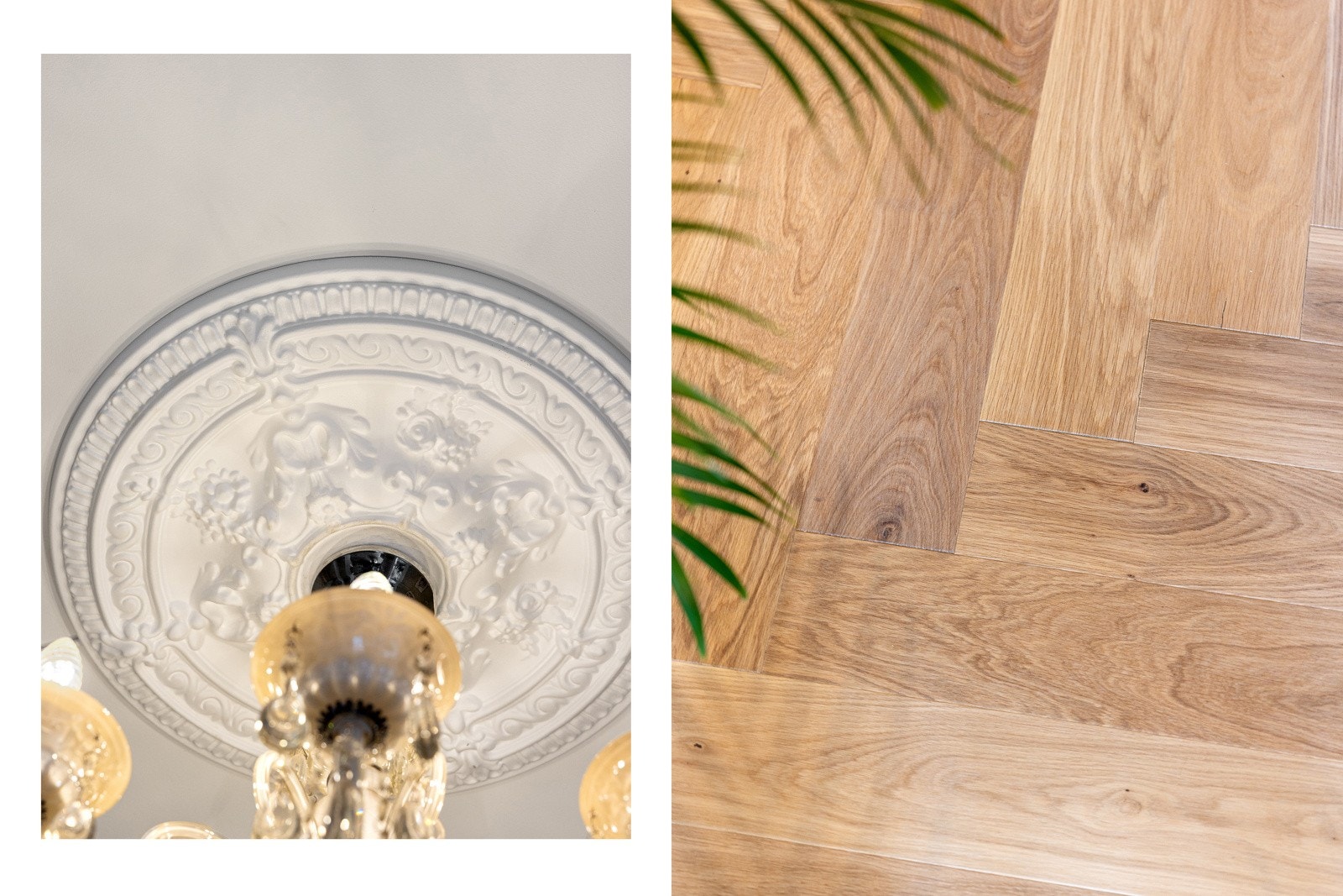 Takrosett og eksklusiv fiskebensparkett i eik, levert av Amundsen Gulv i 2025. Galleribilde