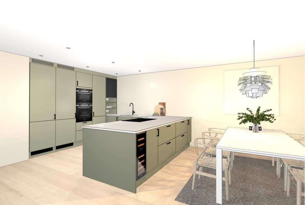 Kjøkken er oppgradert med blant annet fullverdig kjøkkenøy med skuffer og skap samt oppgraderte hvitevarer fra Siemens og benkeplater Consentino Silestone Motion Grey 30 mm med
underlimt Blanco Subline 500-u svart Galleribilde