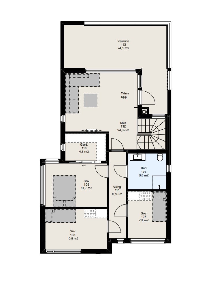 Planskisse 2.etasje. Endringer som er ytført er garderoberom som er tilrettelagt for vaskerom Galleribilde