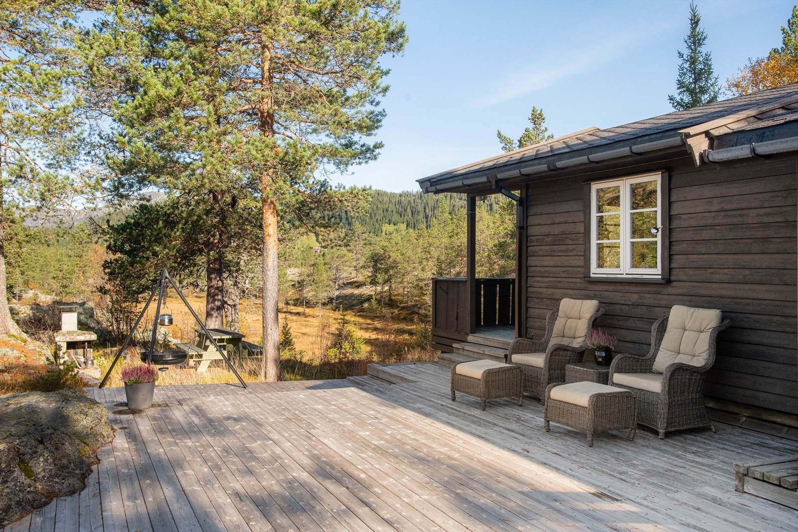 Fra uteplassen og hytta er det flott utsikt mot blant annet Store Bjørndalsnuten og Skinanvatnet. Galleribilde