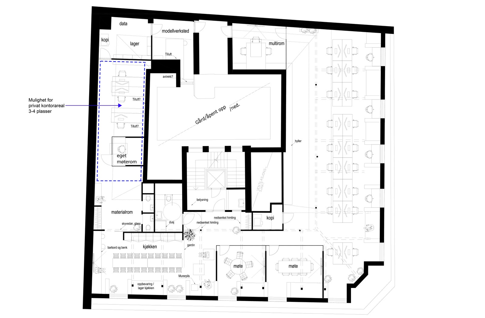 Alternativ planløsning 2 som muliggjør eget kontorområde med tilhørende møterom for leietakere Galleribilde