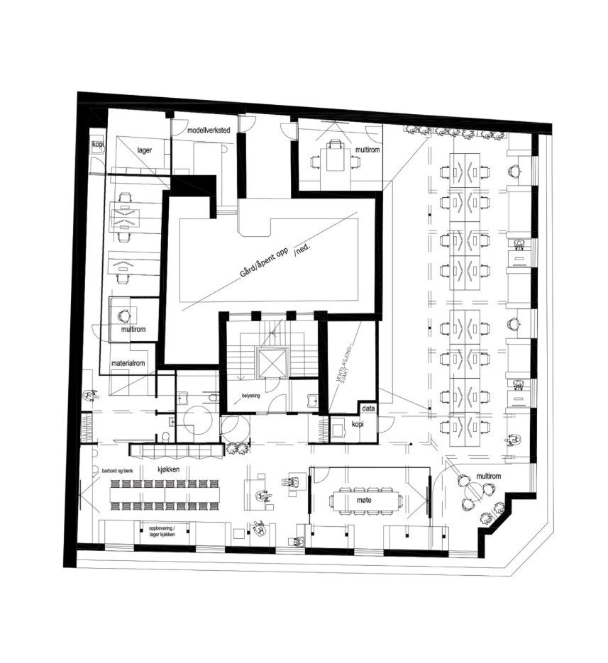 Nåværende plantegning 6.etasje. Plassene inngår i dag som del av en felles sal, men vi er fleksible ift å privatisere deler av lokalet slik at leietakere har et eget areal. Se de to neste plantegningene. Galleribilde
