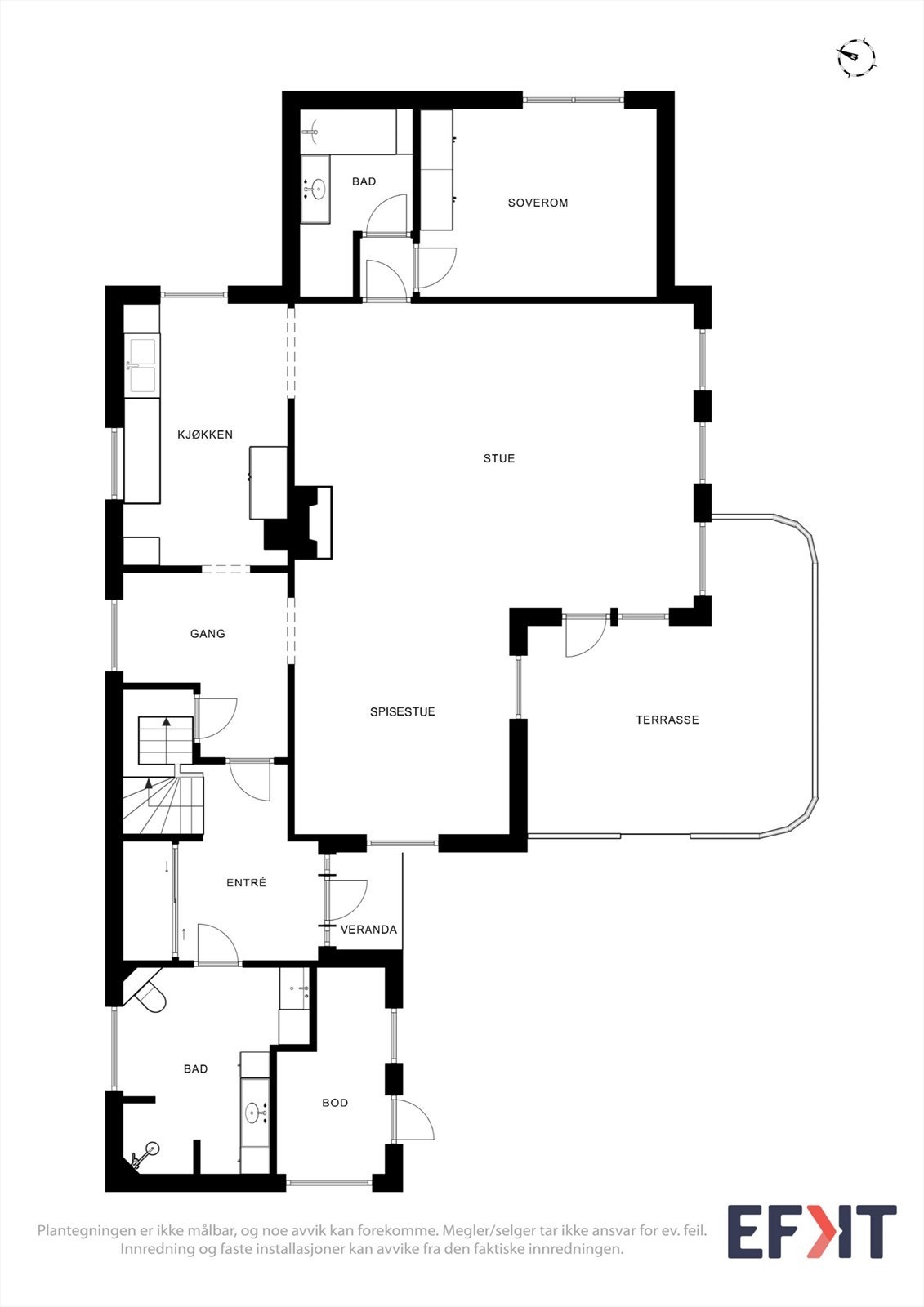 Første etasje har en innholdsrik planløsning med stue, spisestue, kjøkken, soverom og to bad. Galleribilde