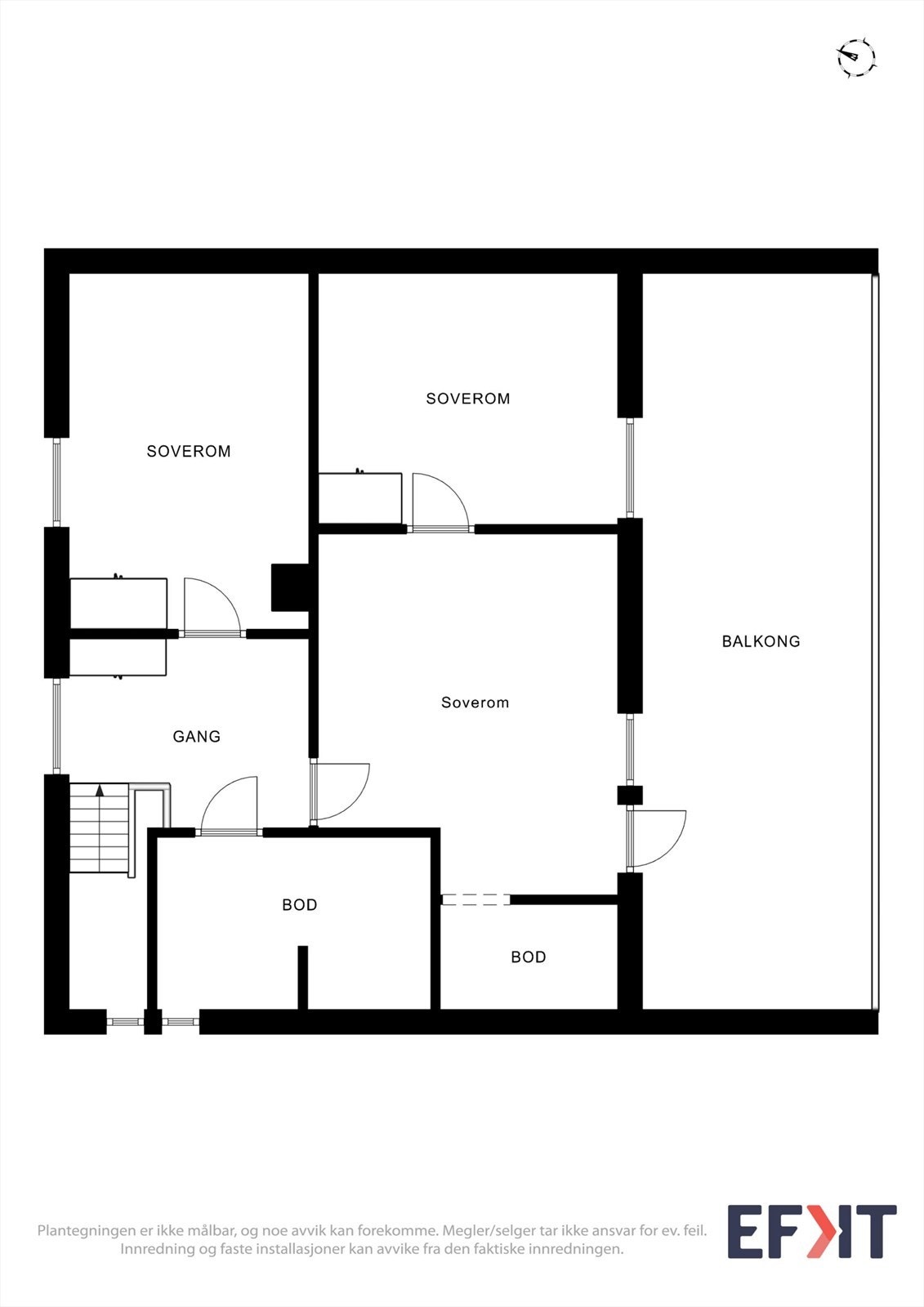 Andre etasje inneholder tre soverom og to boder, samt utgang til en balkong på 18 m². Galleribilde