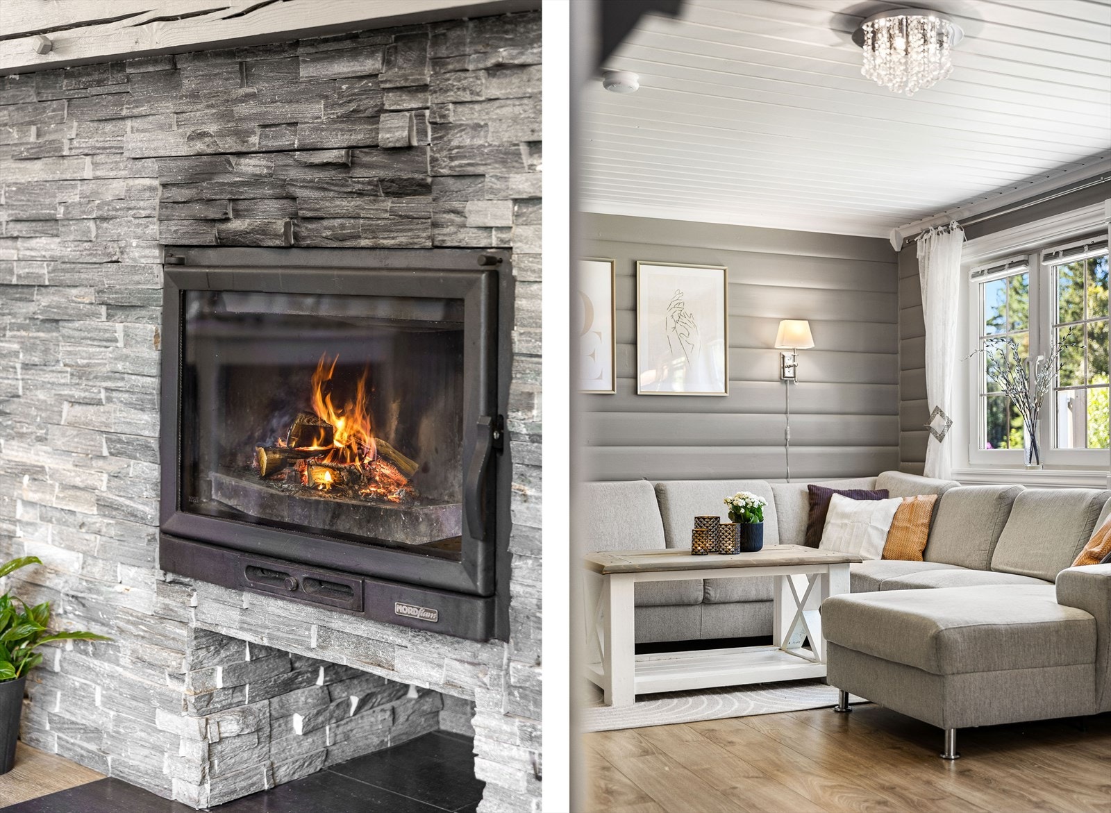 stuen varmes opp av peisovn og varmepumpe Galleribilde