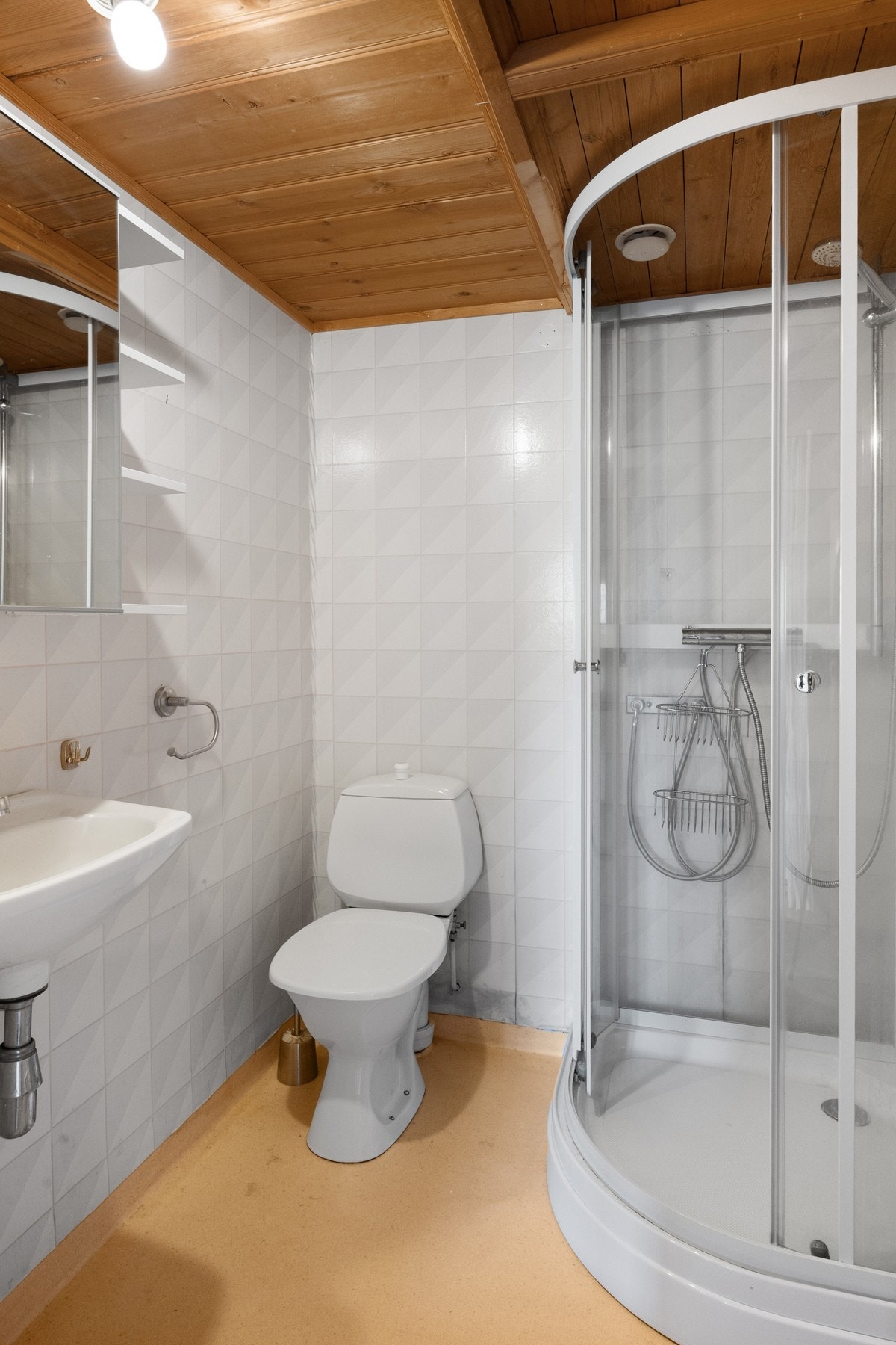 Bad i anneks er utstyrt med toalett, dusjkabinett, vask og speilskap. Galleribilde